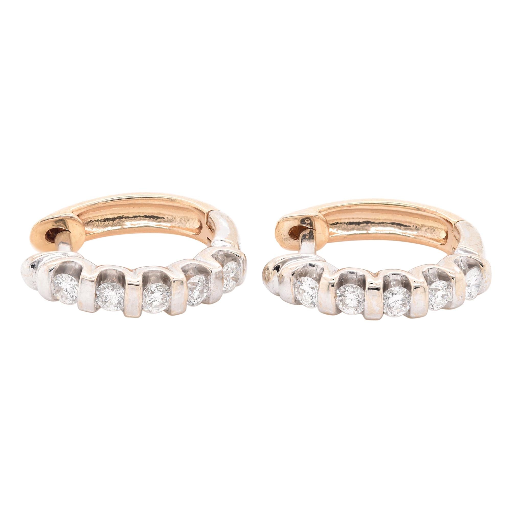 14 Karat Two Tone Diamond Huggie Hoop Earrings