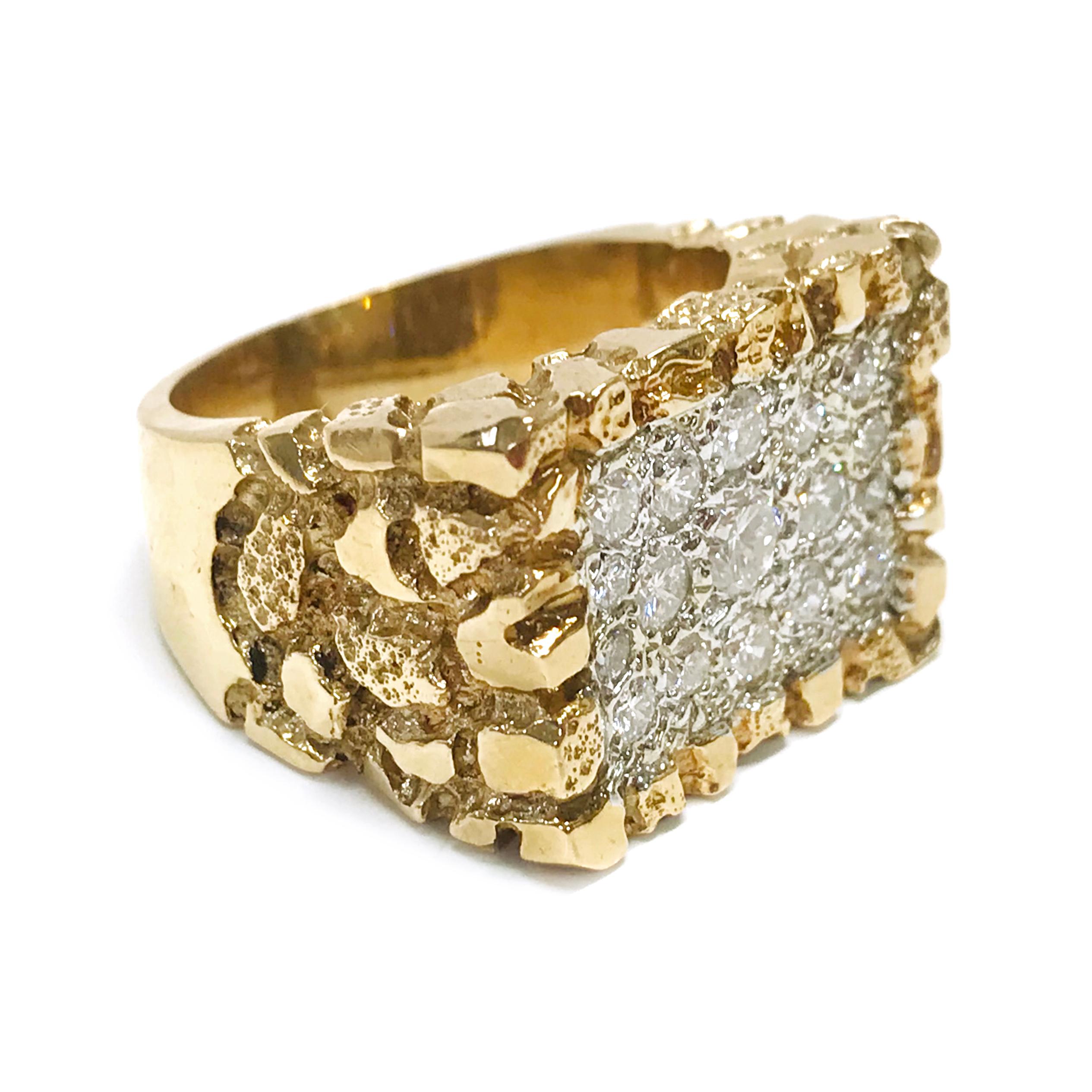 14 Karat Yellow and White Gold Nugget Diamond Ring. The retro look with a smattering of diamonds, approximately half of the ring has a nugget texture and the rest of the wideband tapers with a smooth finish. The square face has seventeen round