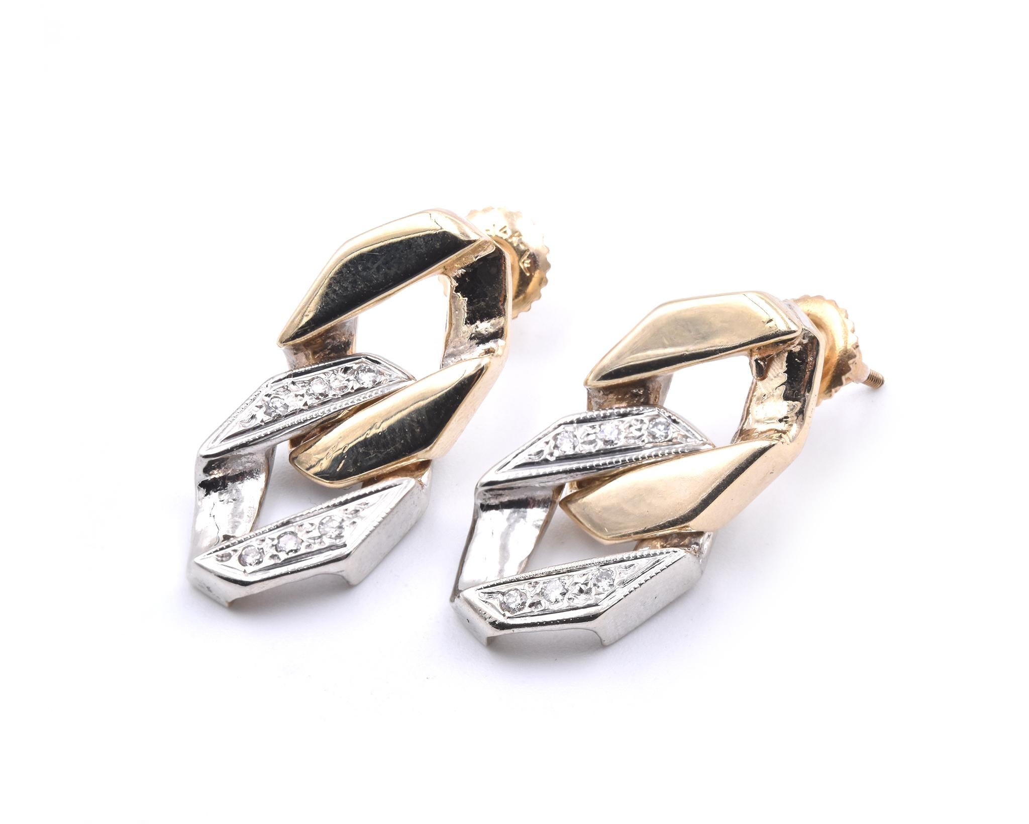 Round Cut 14 Karat Two-Tone Diamond Open Cuban Link Drop Earrings