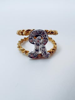 14 Karat Two Tone Diamond "R" Ring, Size 6 3/4
