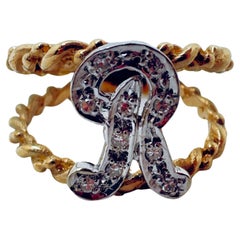 14 Karat Two Tone Diamond "R" Ring, Size 6 3/4
