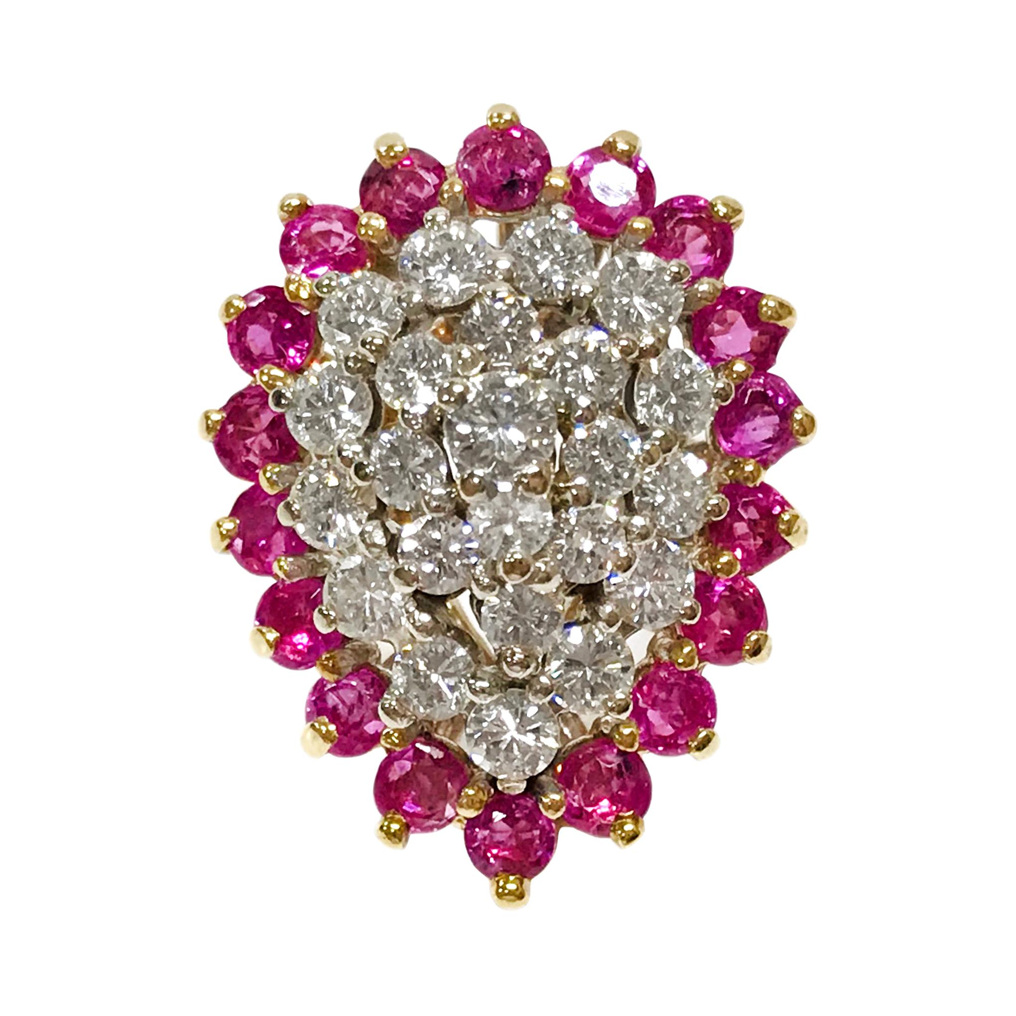 Two-Tone Diamond Ruby Cluster Ring For Sale