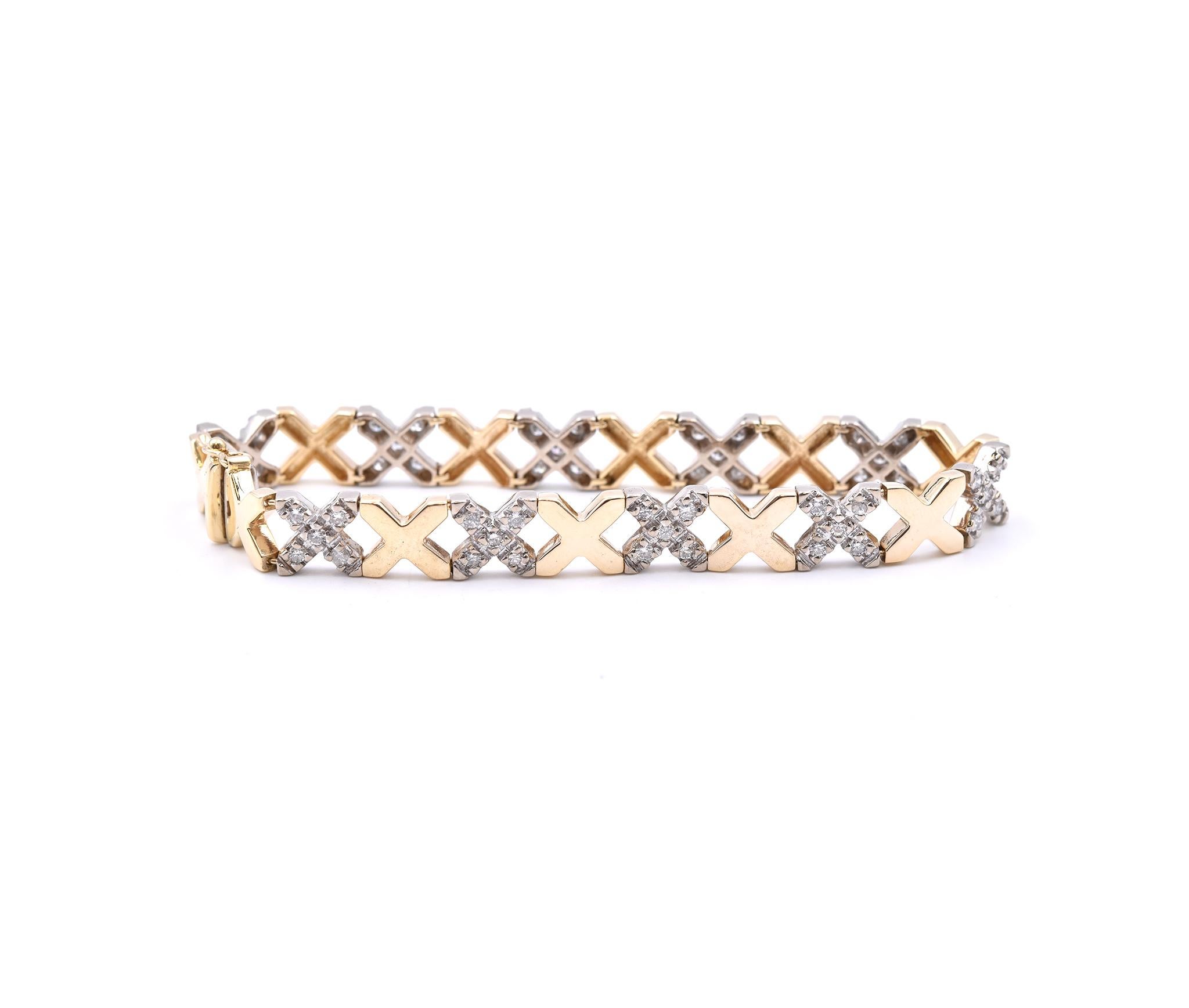 Material: 14K yellow & white gold 
Diamonds: 50 round cut = 1.00cttw
Color: G
Clarity: SI1
Dimensions: bracelet will fit up to a 7-inch wrist
Weight: 21.09 grams
