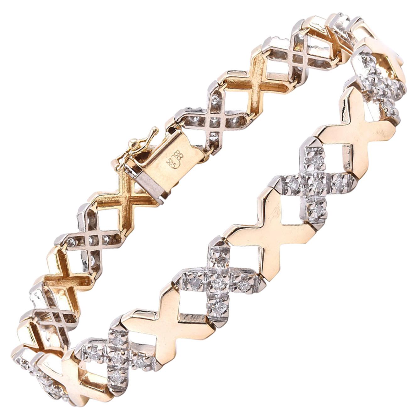 14 Karat Two-Tone Diamond X-Bracelet