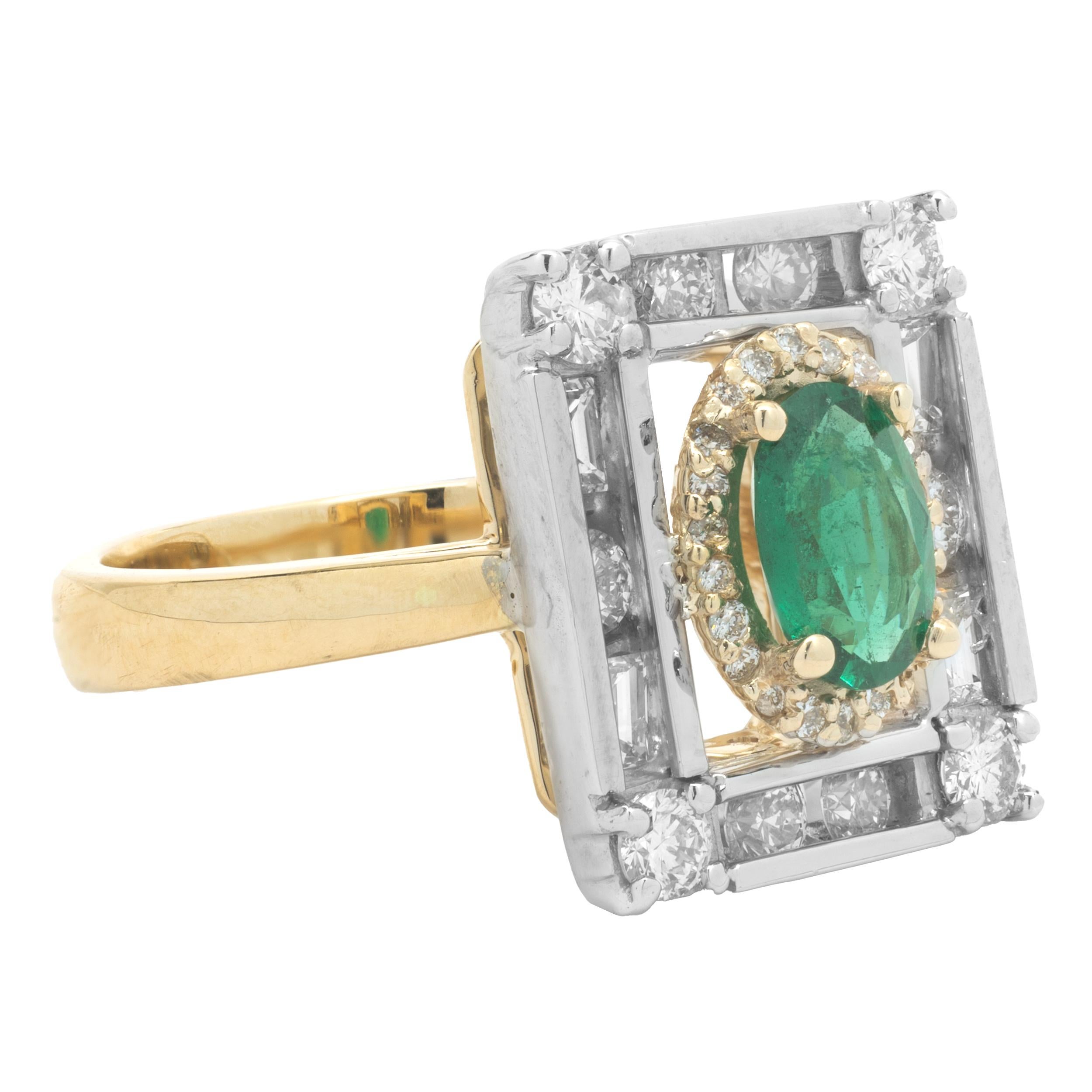 Material: 14K white and yellow gold
Diamond: 10 round brilliant & 4 baguette cut = 1.22cttw
Color: G
Clarity: SI1
Emerald: 1 oval cut = 0.70ct
Ring Size: 6.75 (please allow up to 2 additional business days for sizing requests)
Dimensions: ring top