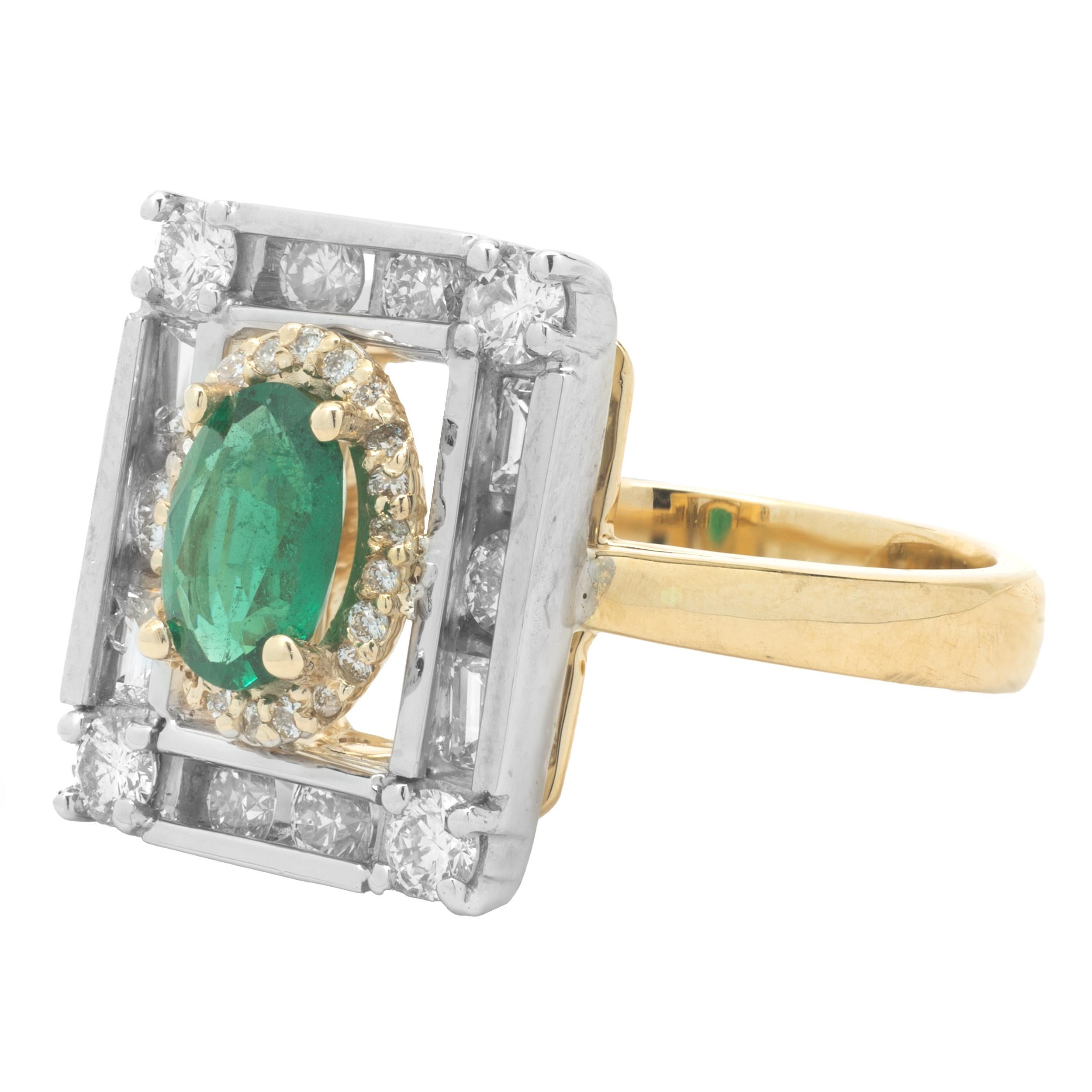 Round Cut 14 Karat Two Tone Emerald and Diamond Ring For Sale