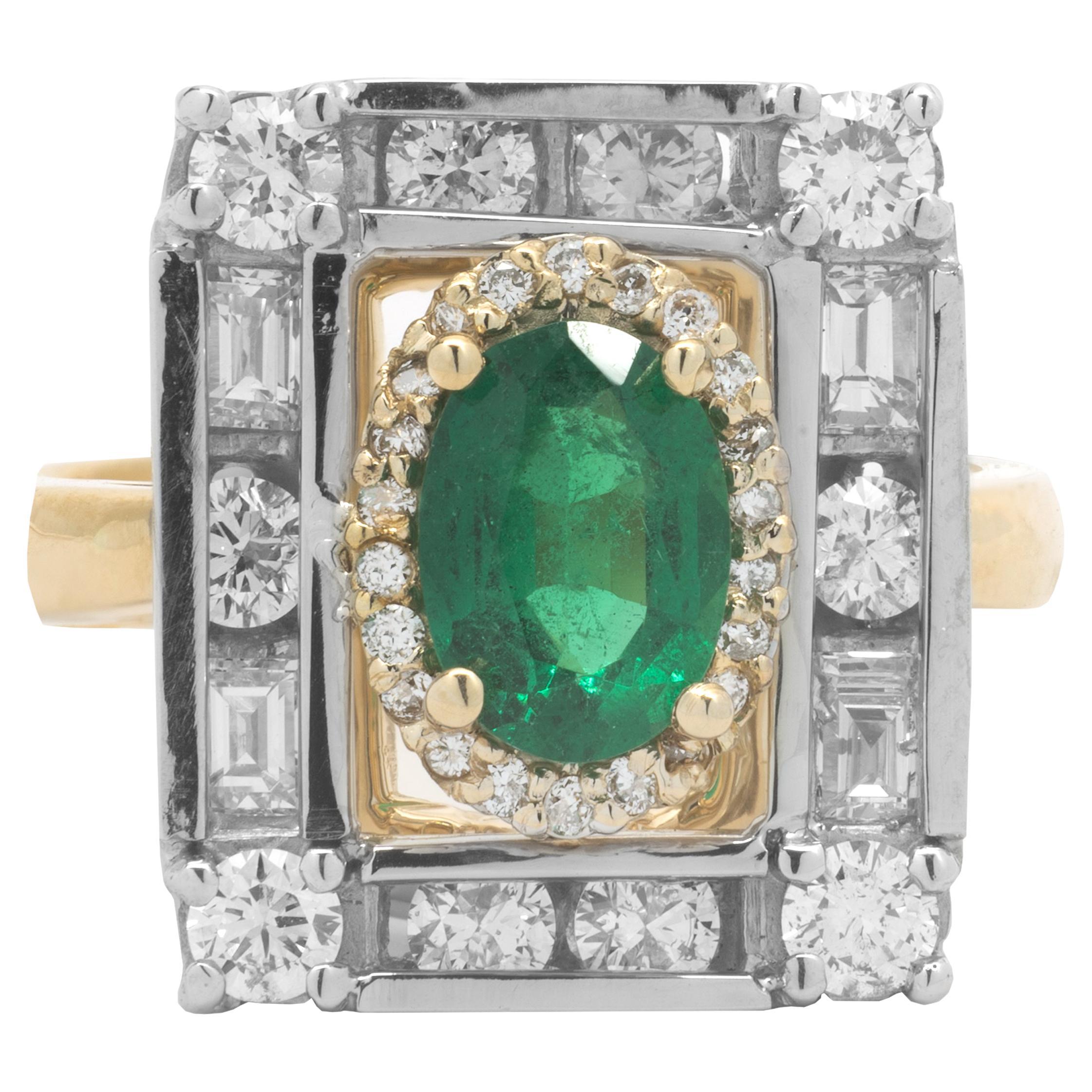 14 Karat Two Tone Emerald and Diamond Ring For Sale