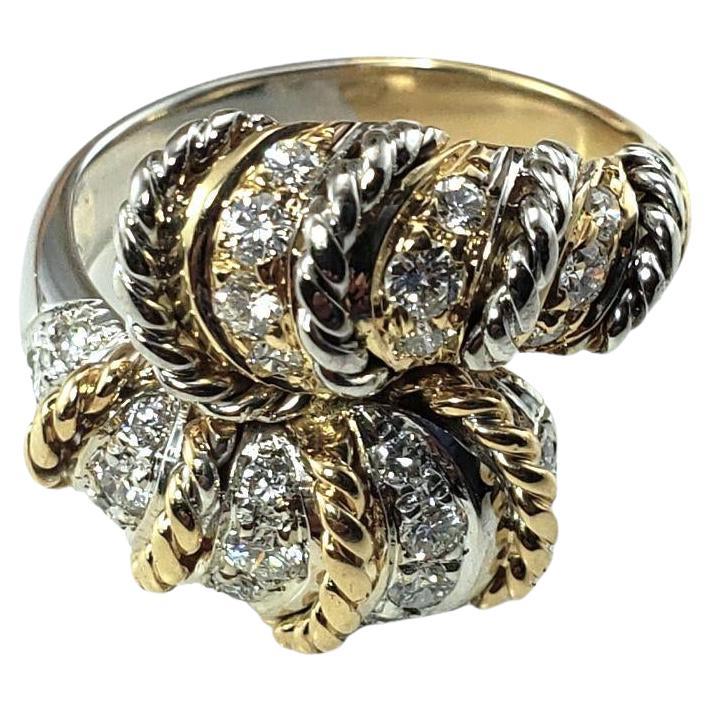 14 Karat Two-Tone Gold and Diamond Crossover Ring Size 7 #17755 For Sale