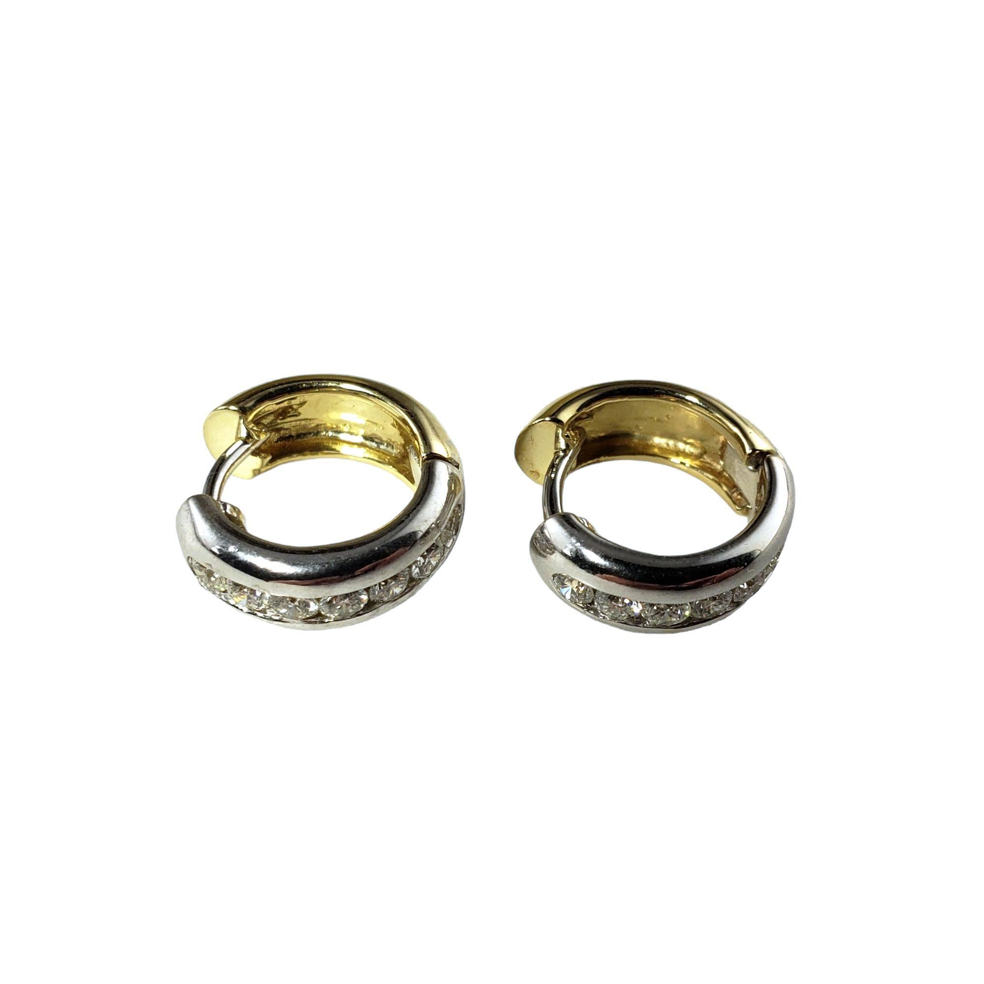 Round Cut 14 Karat Two Tone Gold and Diamond Huggie Earrings For Sale