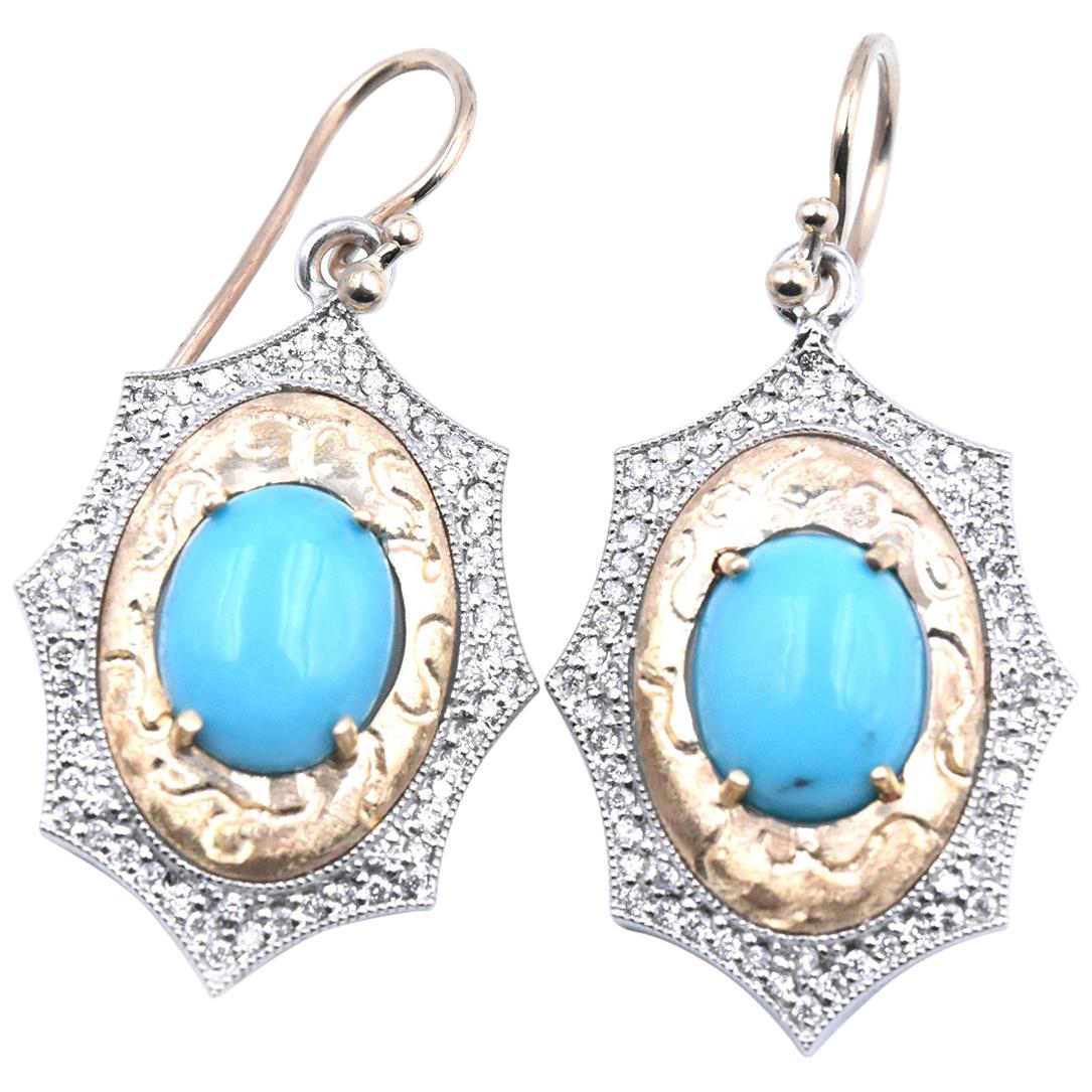 14 Karat Two-Tone Gold Bisbee Turquoise and Diamond Dangle Earrings