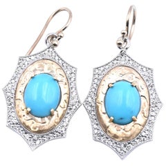 14 Karat Two-Tone Gold Bisbee Turquoise and Diamond Dangle Earrings