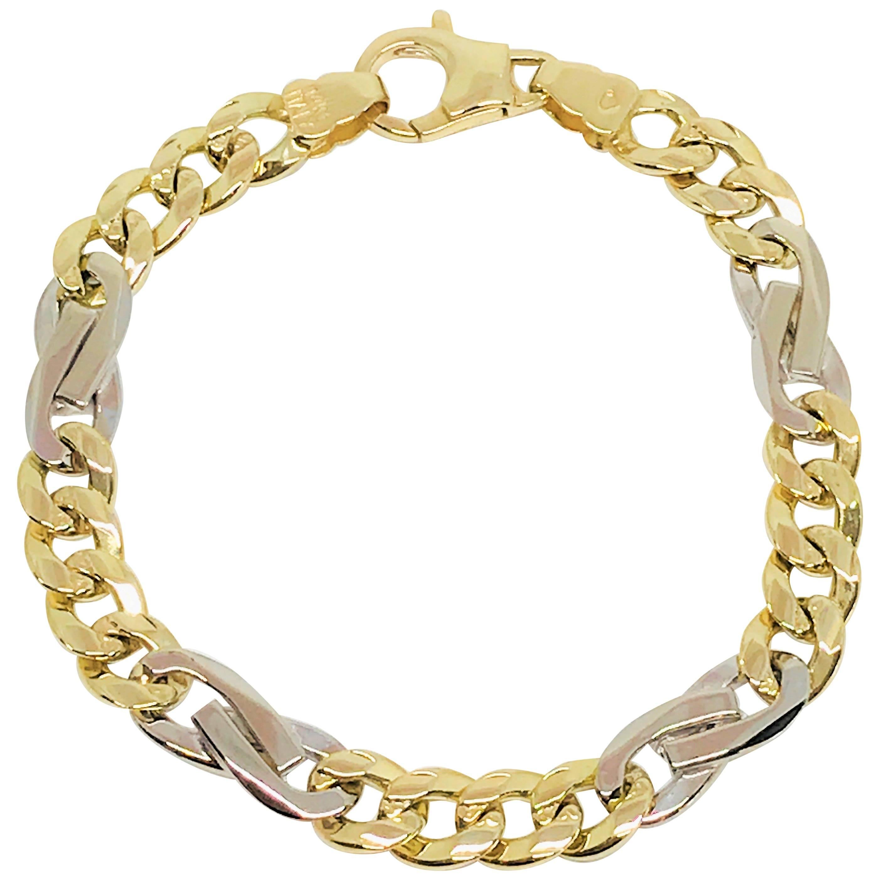 14 Karat Two-Tone Gold Gent's Curb Link Bracelet For Sale