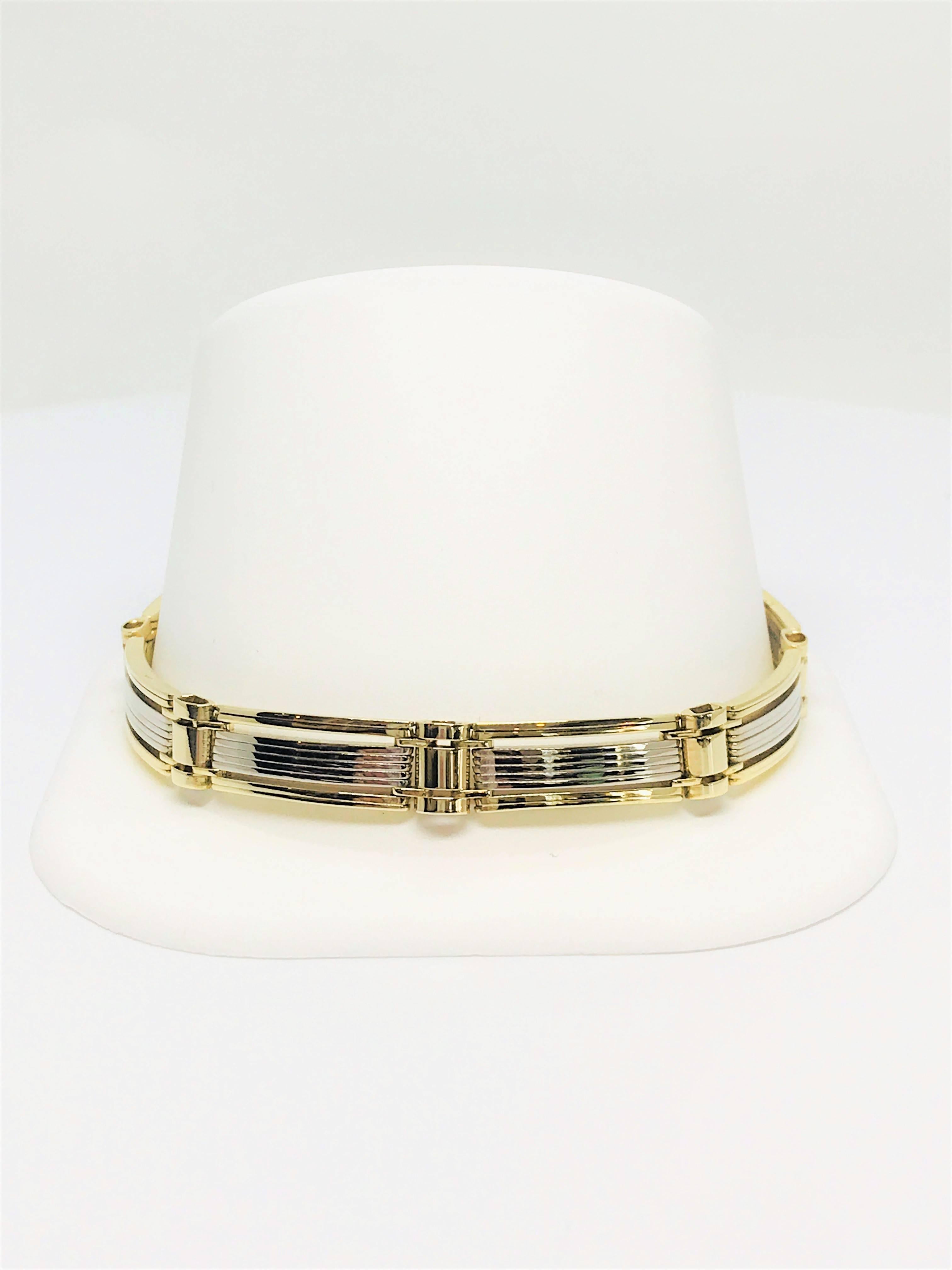 Modern 14 Karat Two-Tone Gold Gent's Flat Link Bracelet For Sale