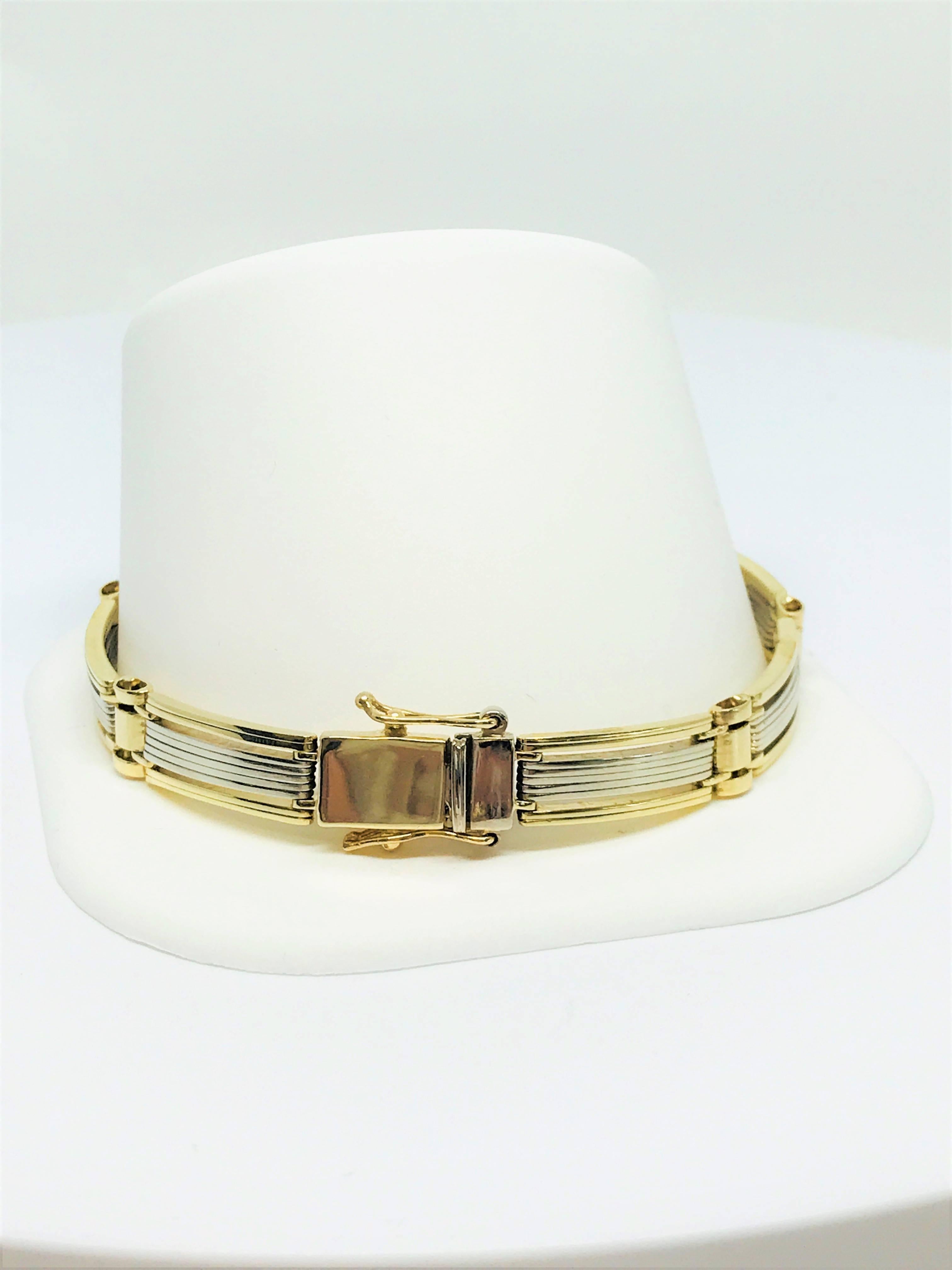 14 Karat Two-Tone Gold Gent's Flat Link Bracelet In Excellent Condition For Sale In Kent, CT