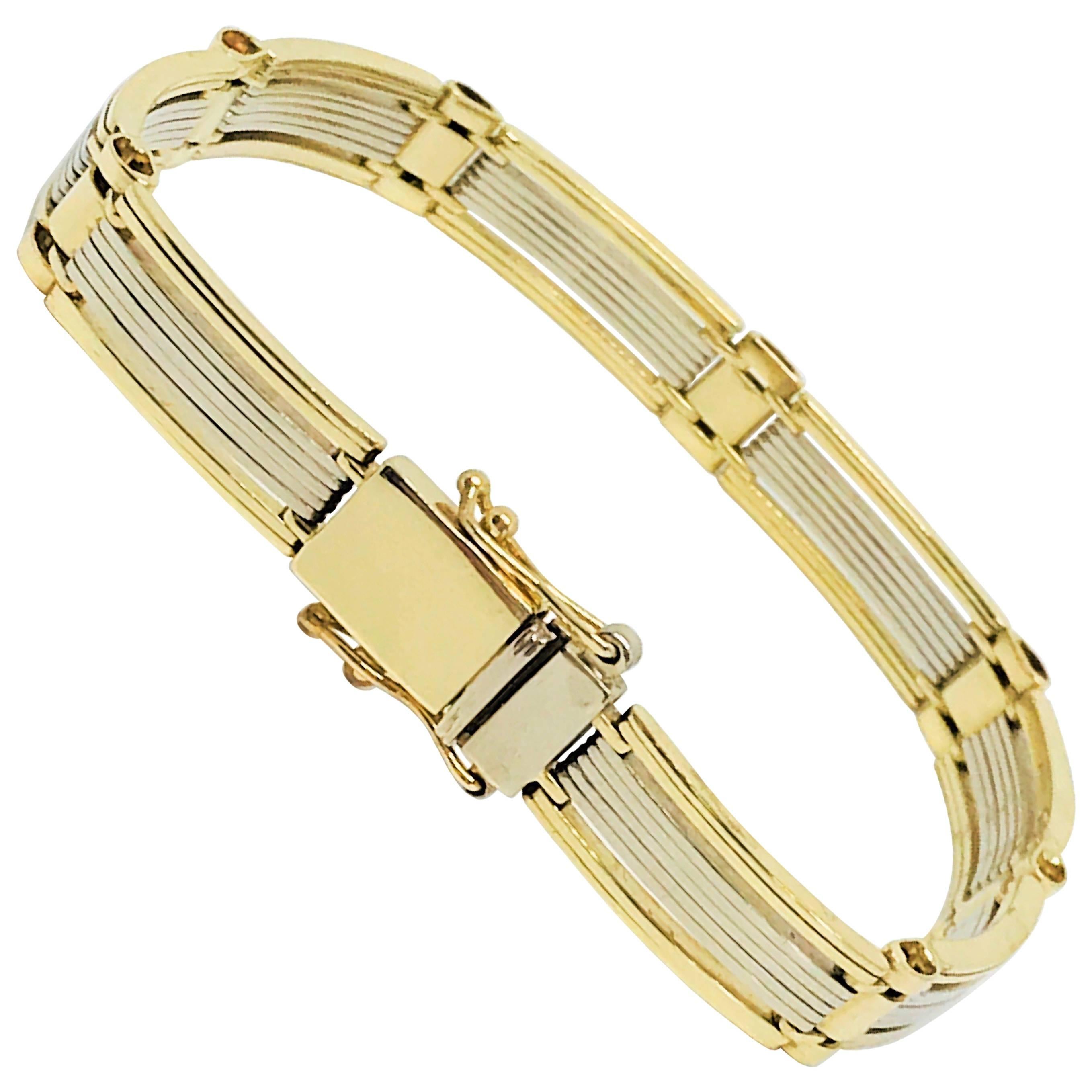 14 Karat Two-Tone Gold Gent's Flat Link Bracelet For Sale