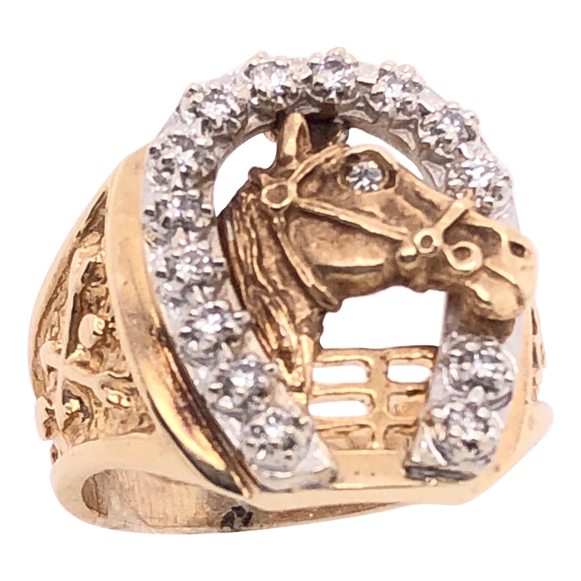 14 Karat Two-Tone Gold Good Luck Horse Shoe and Horse with Diamonds Ring