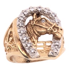 14 Karat Two-Tone Gold Good Luck Horse Shoe and Horse with Diamonds Ring