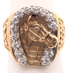 14 Karat Two-Tone Gold Good Luck Horse Shoe and Horse with Diamonds Ring