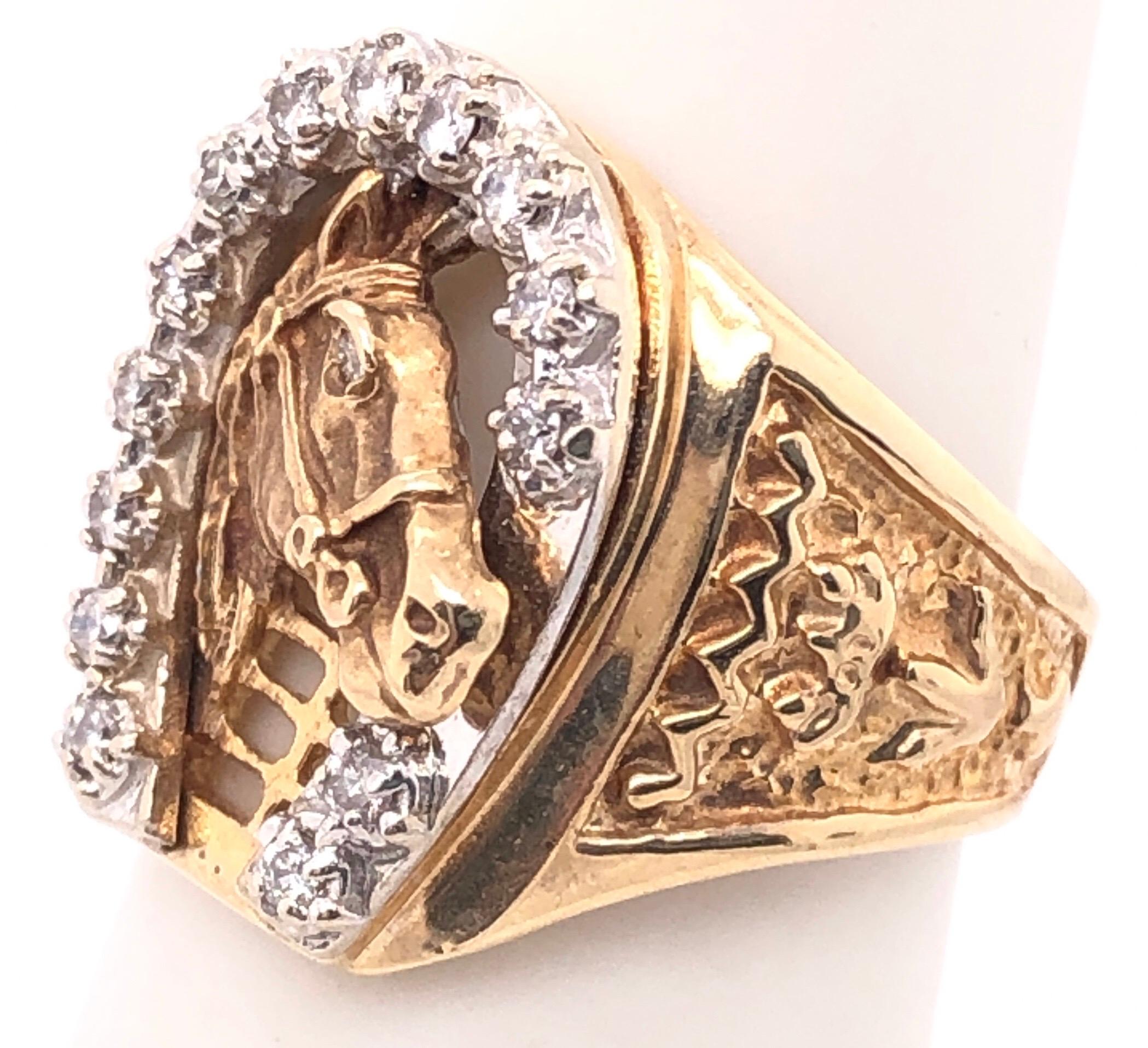 Contemporary 14 Karat Two-Tone Gold Good Luck Horse Shoe and Horse with Diamonds Ring