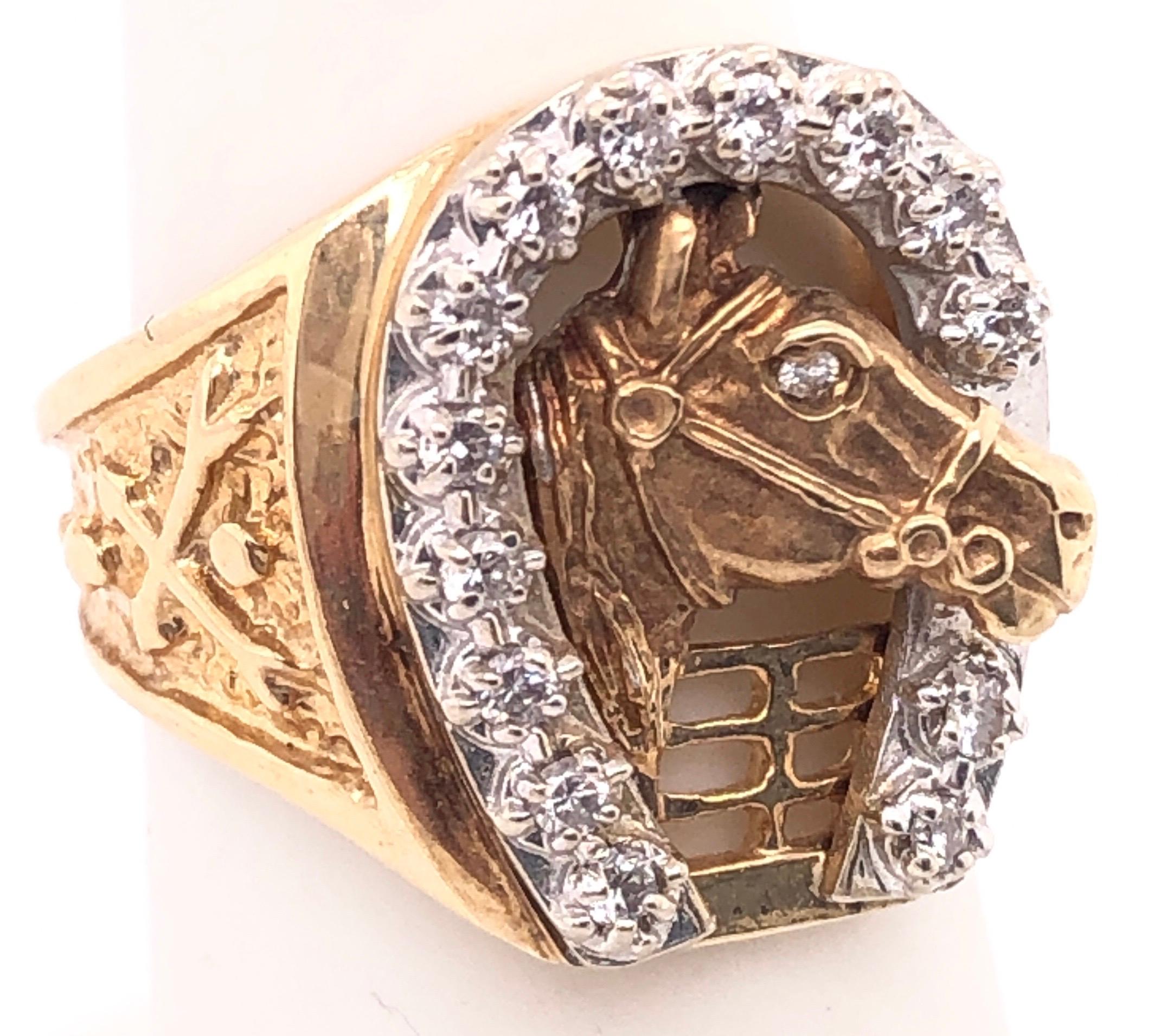 Round Cut 14 Karat Two-Tone Gold Good Luck Horse Shoe and Horse with Diamonds Ring