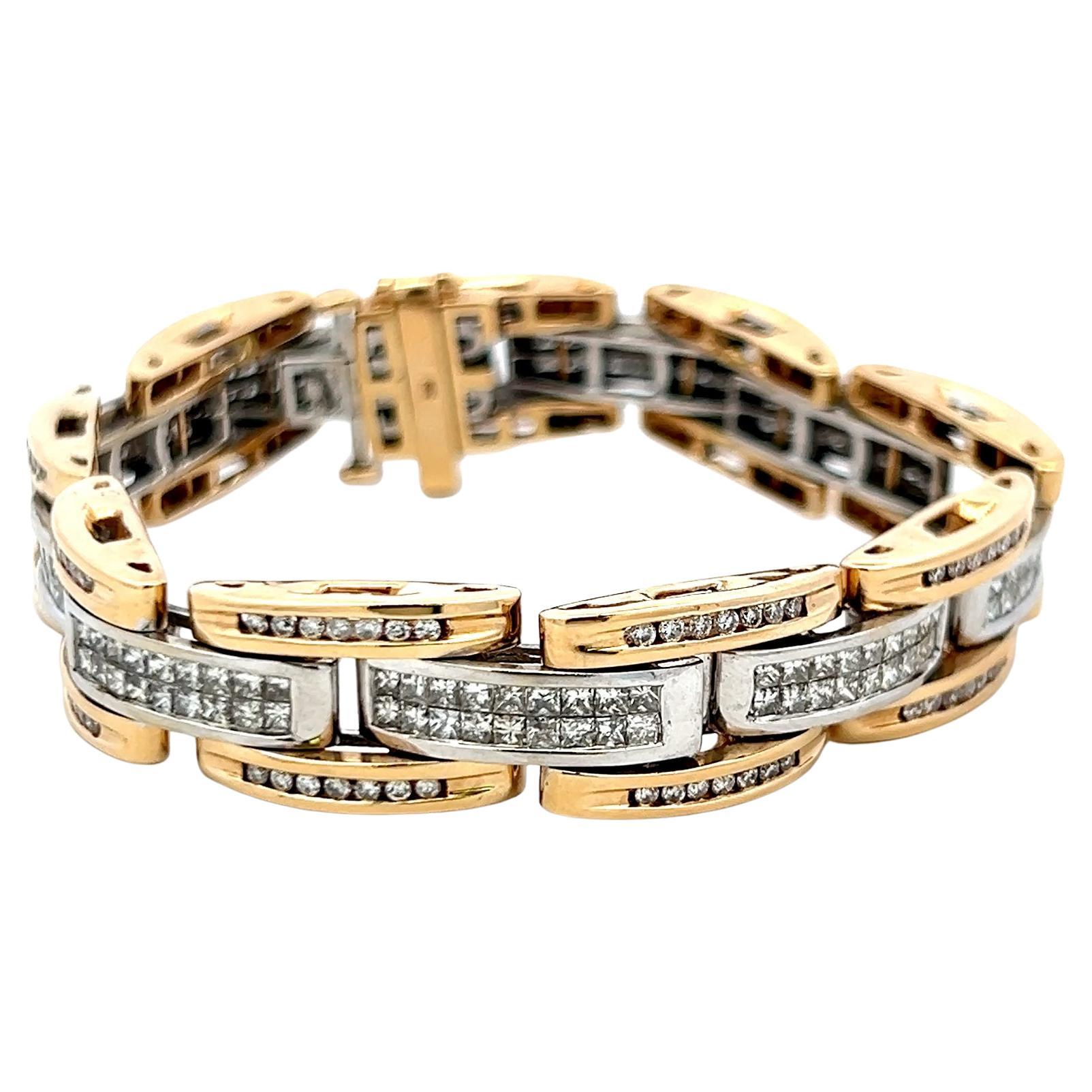 14 Karat Two-Tone Gold Link Bracelet with 6.26 Carat Round and Pear Diamonds