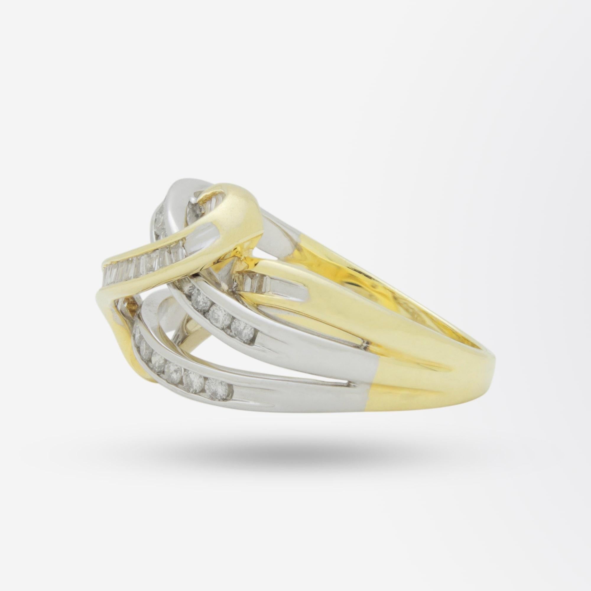 An attractive ring crafted from 14 karat yellow and white gold set with diamonds. The interlocking design sees bands of white and yellow gold set with brilliant and tapered baguette cut diamonds sweep around one another in a ribbon like effect. The