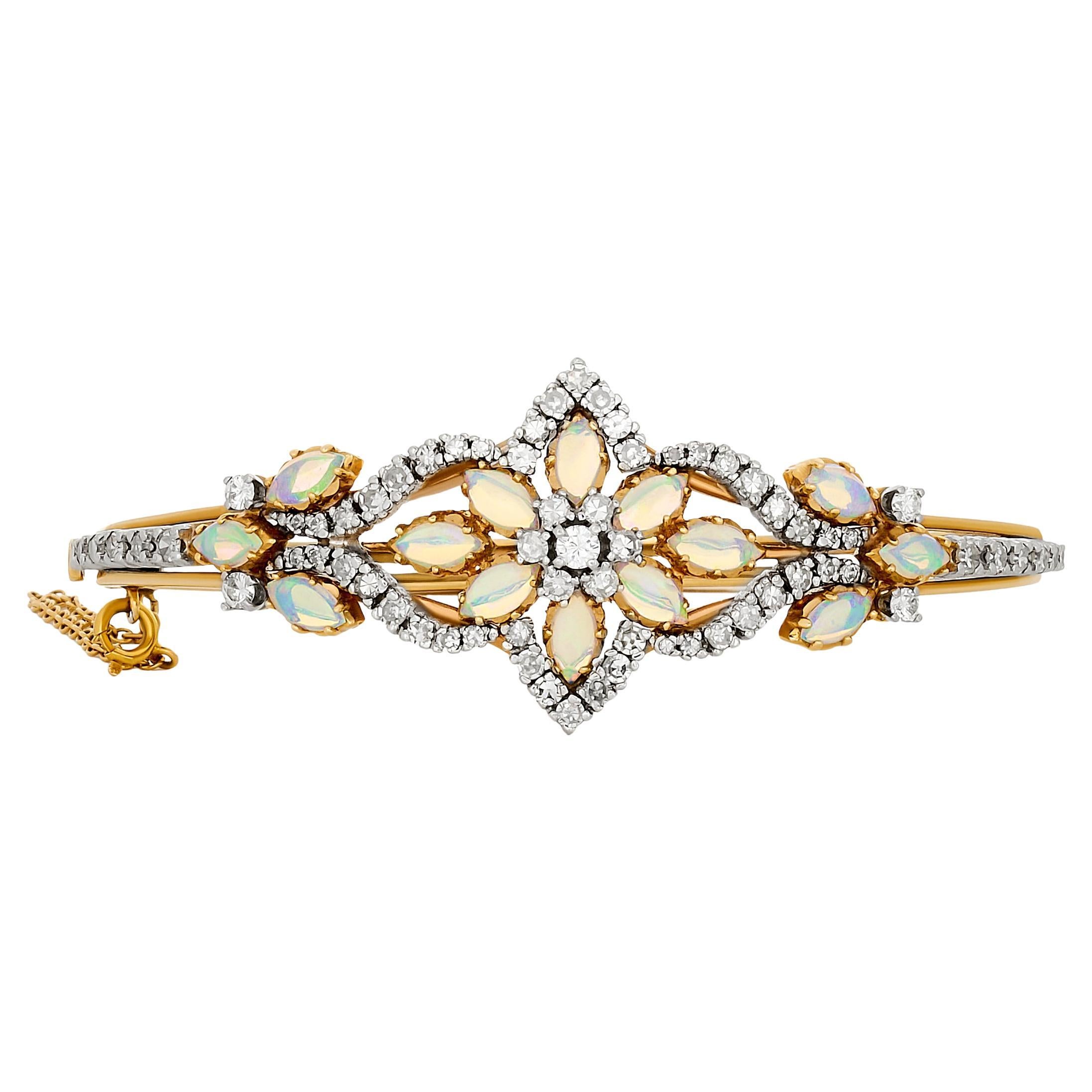 14 Karat Two Tone Gold Opal and Diamond Bangle Bracelet