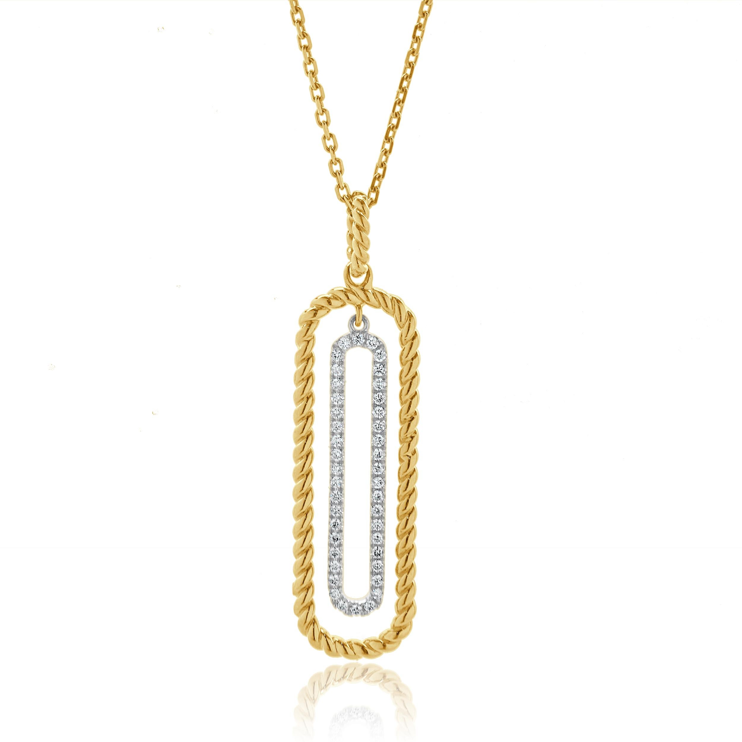 Concepteur : personnalisé
MATERIAL : Or blanc et jaune 14K
Diamants : taille ronde = 0,20ct
Couleur : G
Clarté : SI1
Dimensions : le collier mesure environ 18 pouces de long.
Poids : 4.65 grammes
