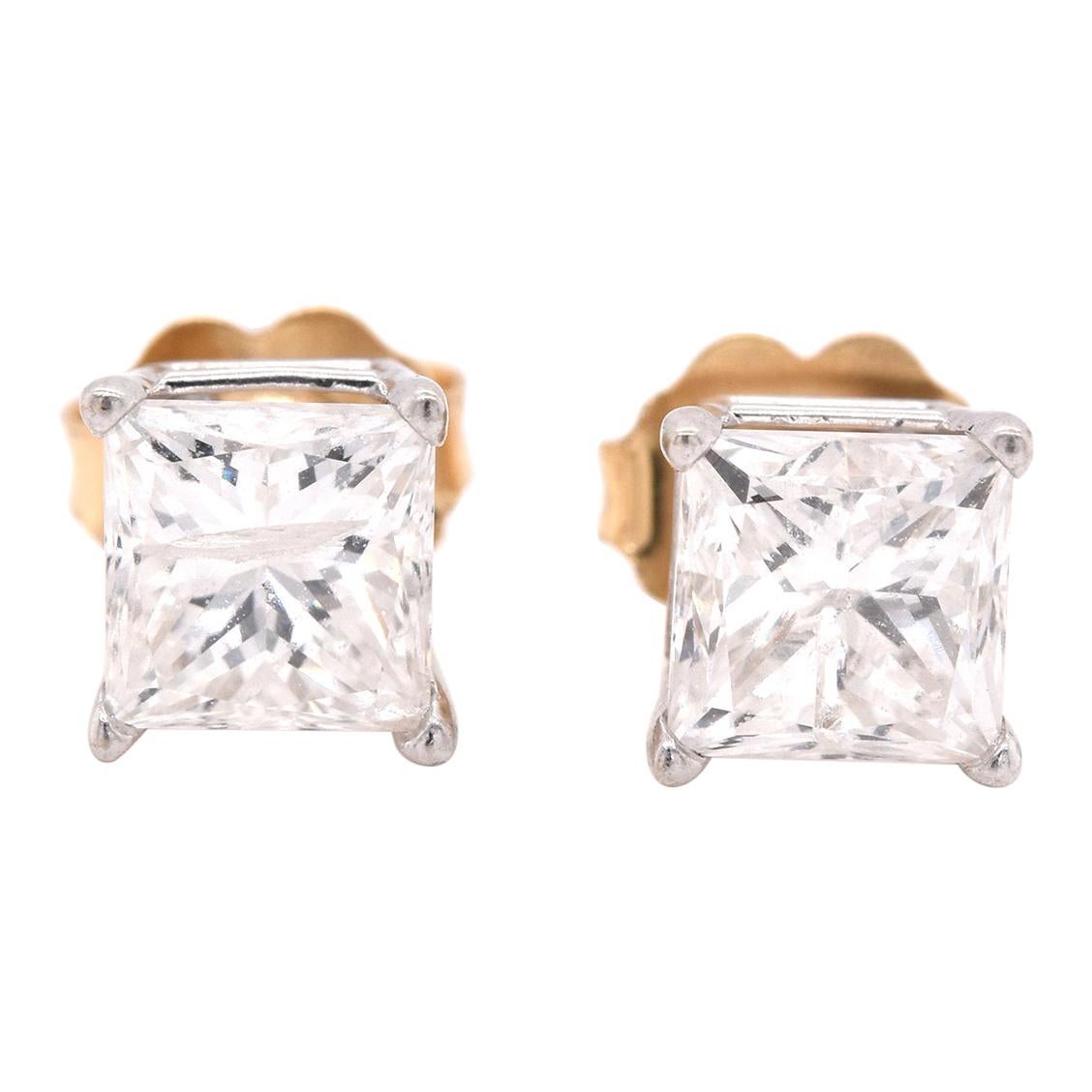 14 Karat Two-Tone Gold Princess Cut Diamond Stud Earrings