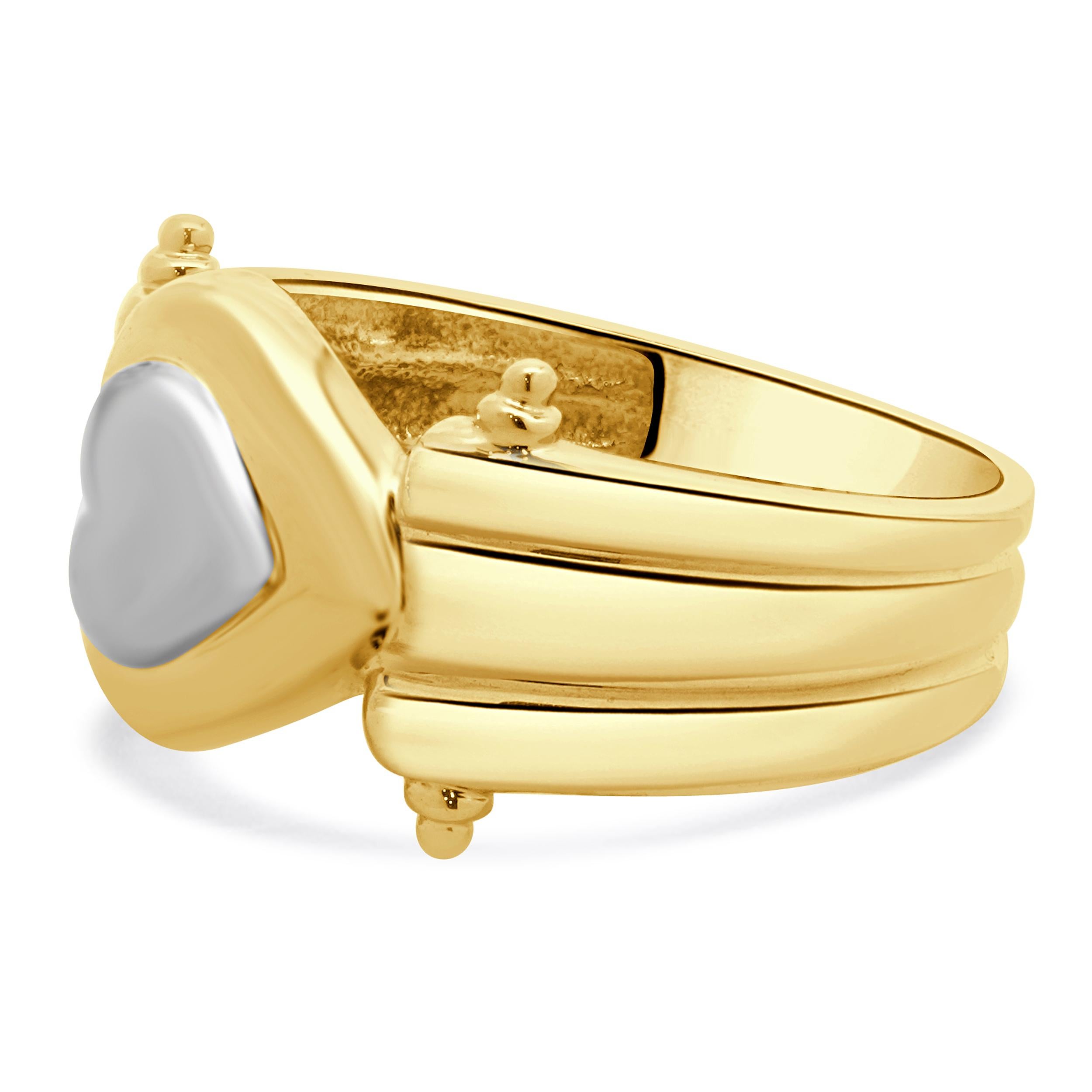Designer: custom
Material: 14K yellow and white gold
Dimensions: ring measures 4.68mm wide
Size: 9.75 (complimentary sizing available)
Weight: 4.2 grams