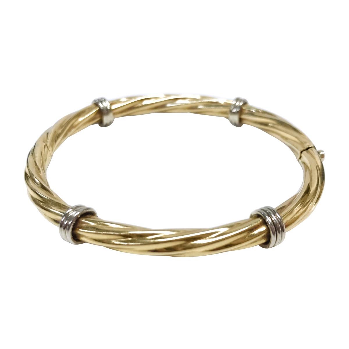 14 Karat Two-Tone Hinged Cable Bangle Bracelet For Sale