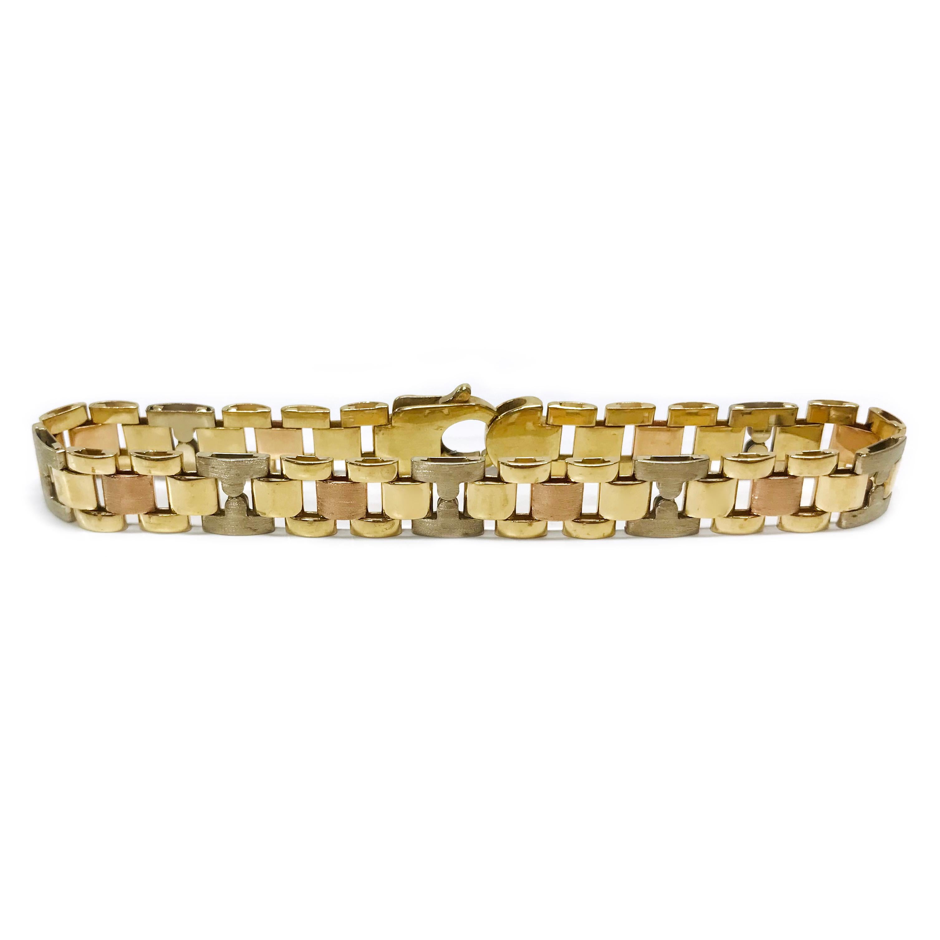 14 Karat Two-Tone Link Bracelet. This bracelet features rose gold square links and yellow gold rectangular links. The rose gold links have a florentine finish and seven yellow gold links have a florentine finish while the rest have a smooth shiny