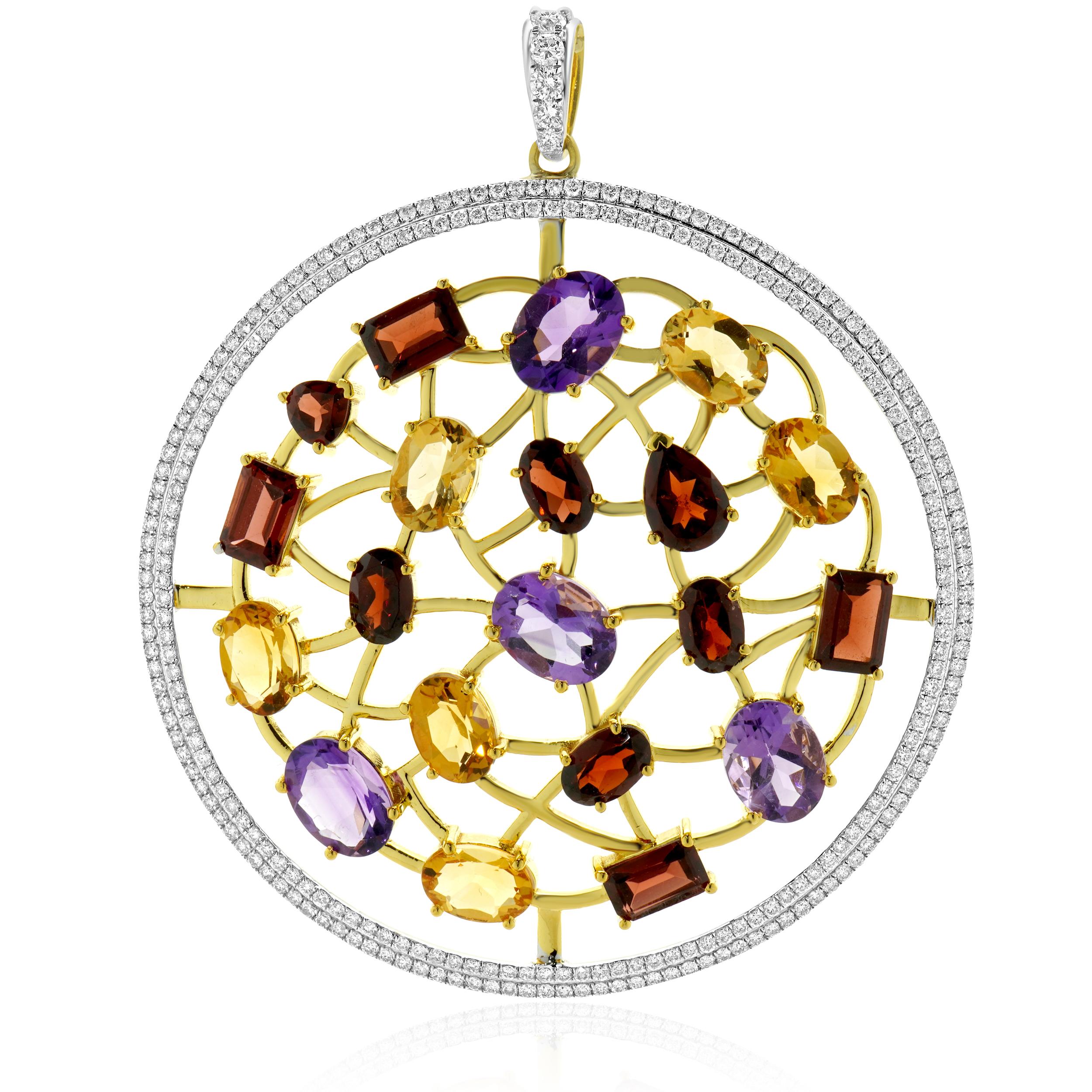 Designer: custom
Material: 14K Two tone gold
Diamond:  round brilliant cut = 1.51cttw
Color: G
Clarity: VS-SI1
Multi-Gemstone: 20 marquise cut = 9.10cttw
Dimensions: necklace measures 16-inches in length
Weight: 15.51 grams
