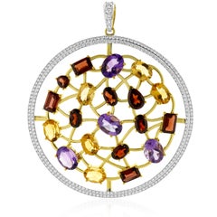 14 Karat Two Tone Multi-Gemstone and Diamond Circle Pendant Necklace