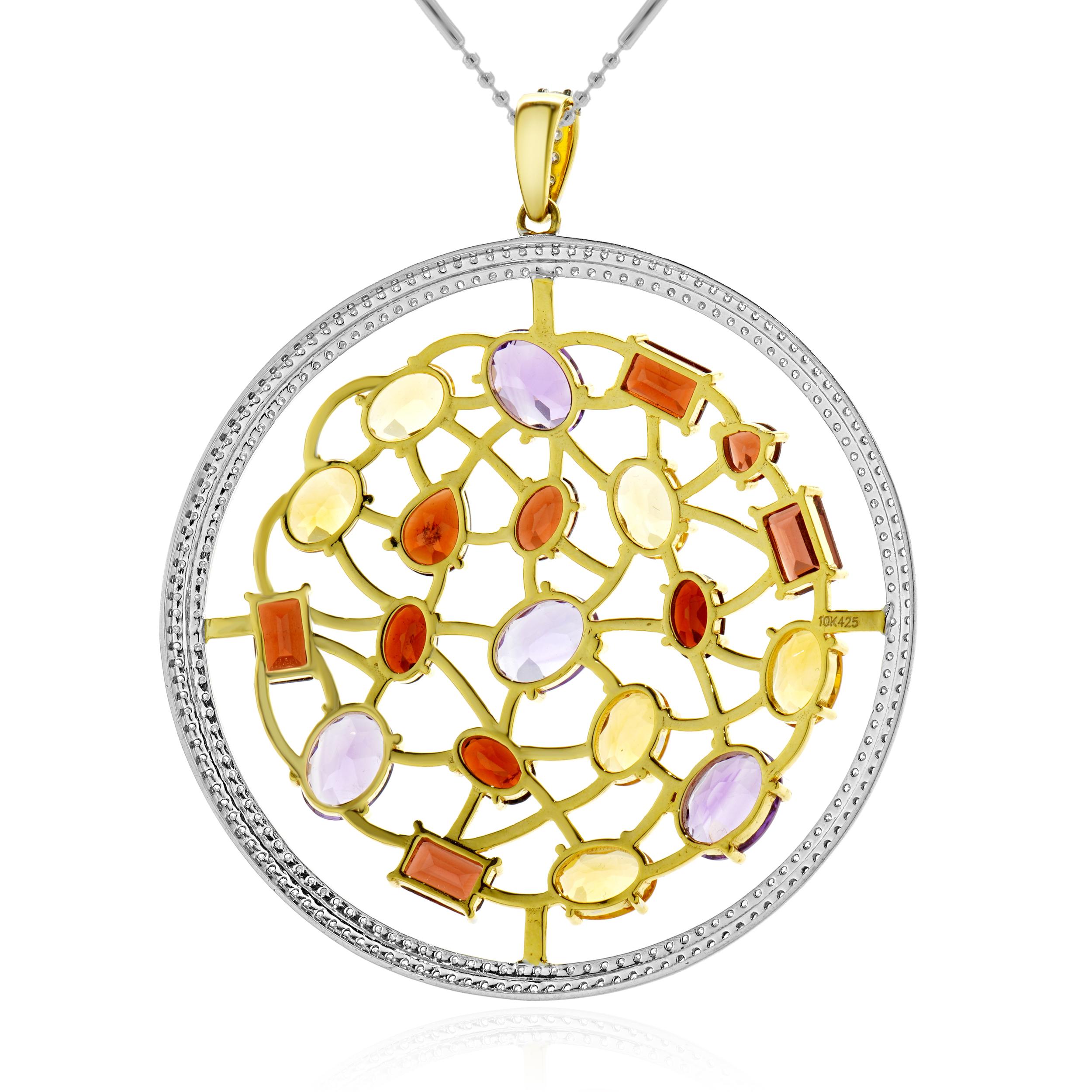 Round Cut 14 Karat Two Tone Multi-Gemstone and Diamond Circle Pendant Necklace For Sale