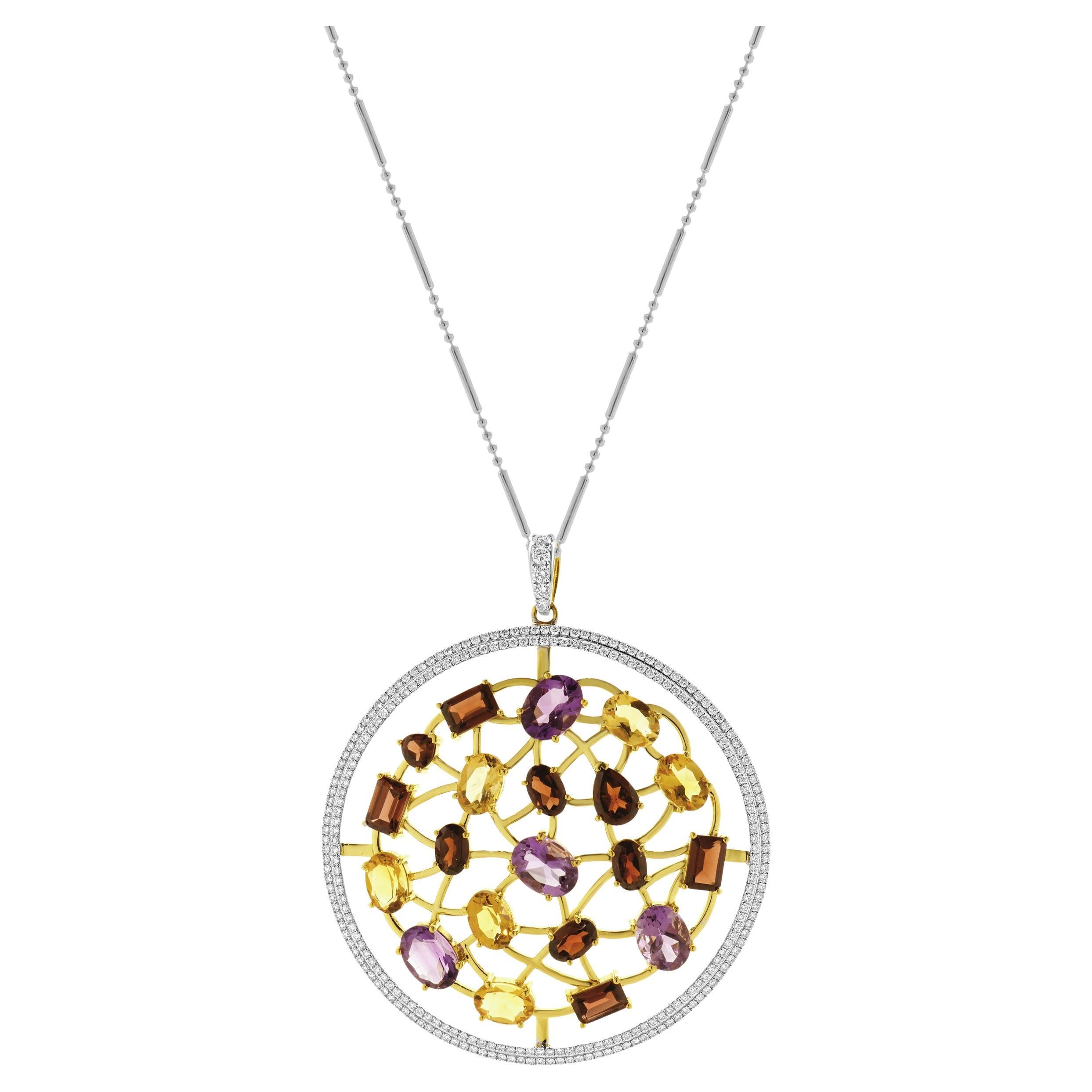 14 Karat Two Tone Multi-Gemstone and Diamond Circle Pendant Necklace For Sale