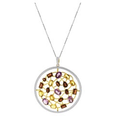 14 Karat Two Tone Multi-Gemstone and Diamond Circle Pendant Necklace