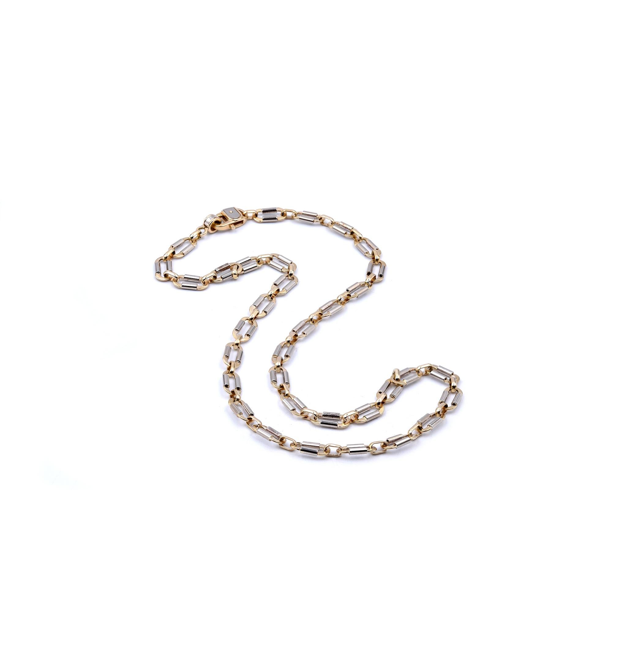 Designer: custom
Material: 14K yellow and white gold
Weight: 27.68 grams
Measurement: necklace measures 20-inches
