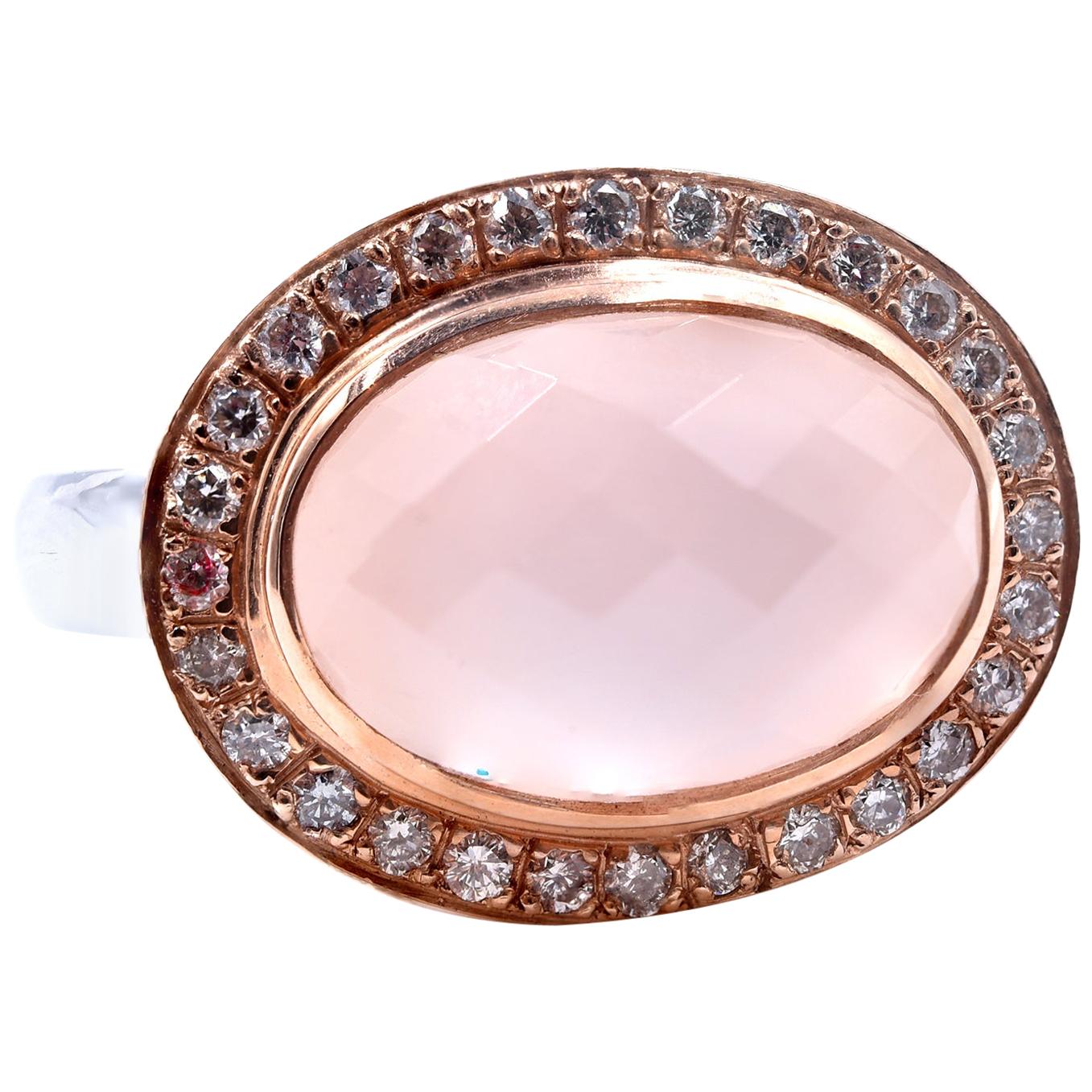 14 Karat Two-Tone Rose Quartz and Diamond Ring