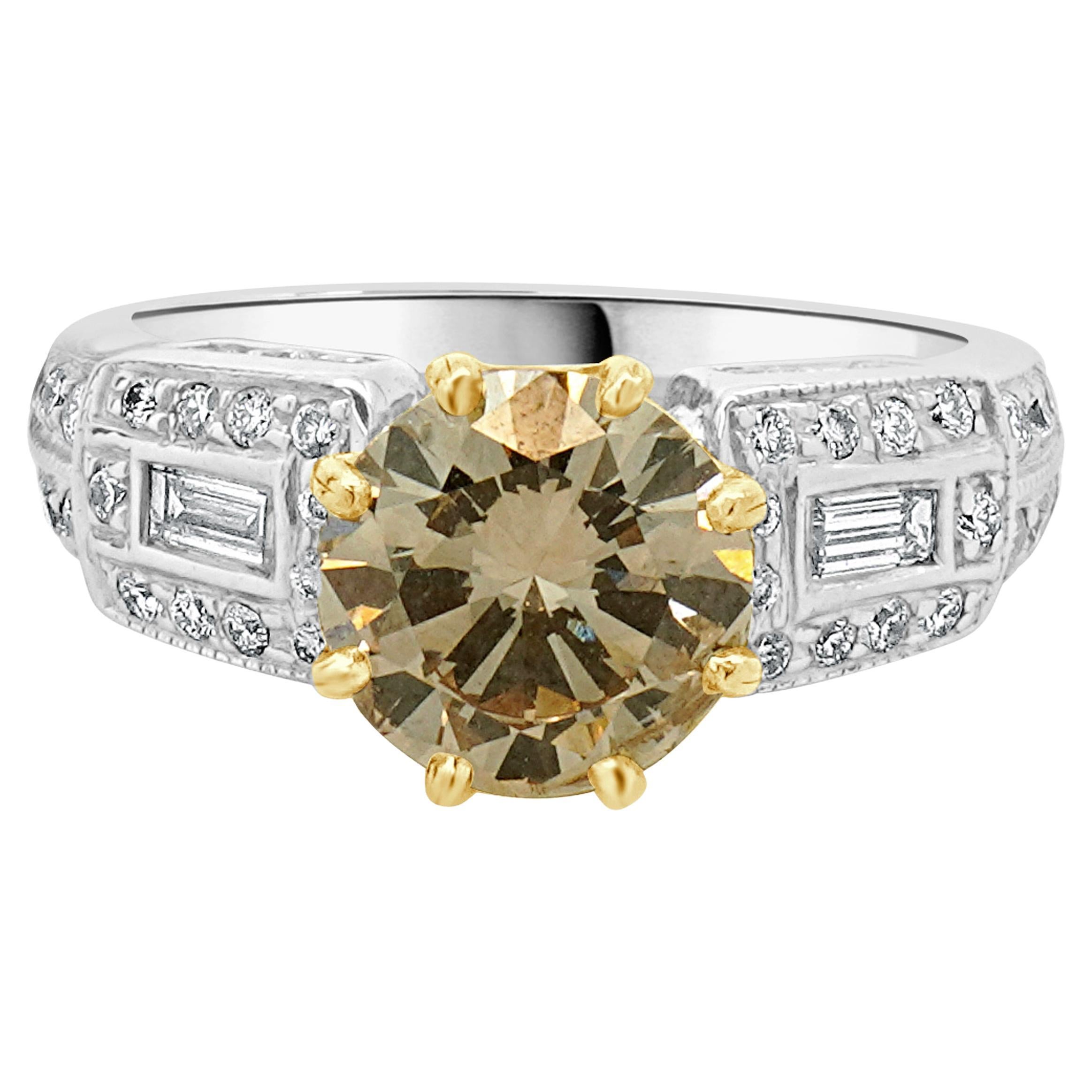 14 Karat Zweifarbiger Runder Brillantschliff Diamant Verlobungsring im Angebot
