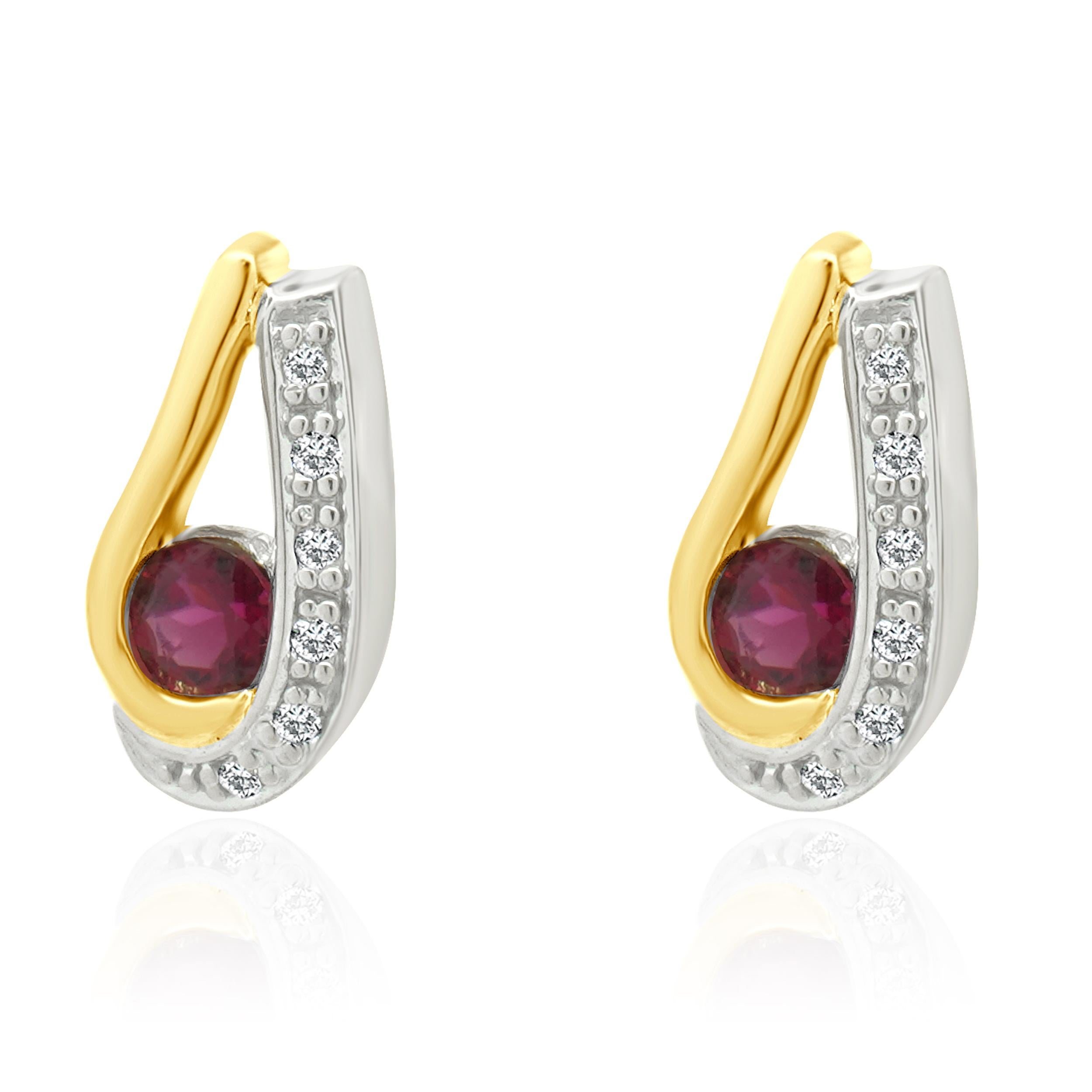 Round Cut 14 Karat Two Tone Rubellite Tourmaline and Diamond Earrings