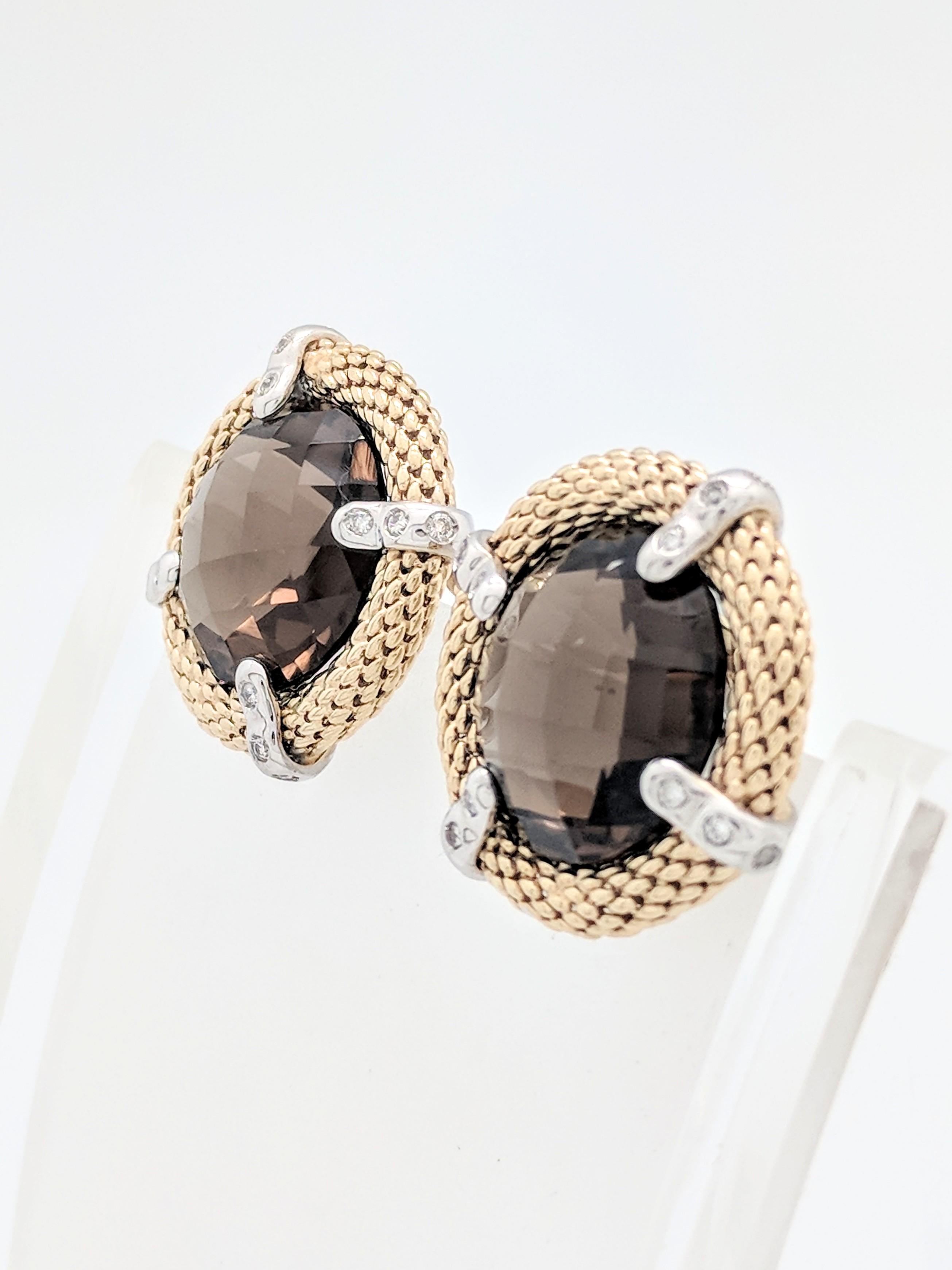 Round Cut 14 Karat Two-Tone Smoky Quartz and Diamond Earrings with Omega Backs For Sale