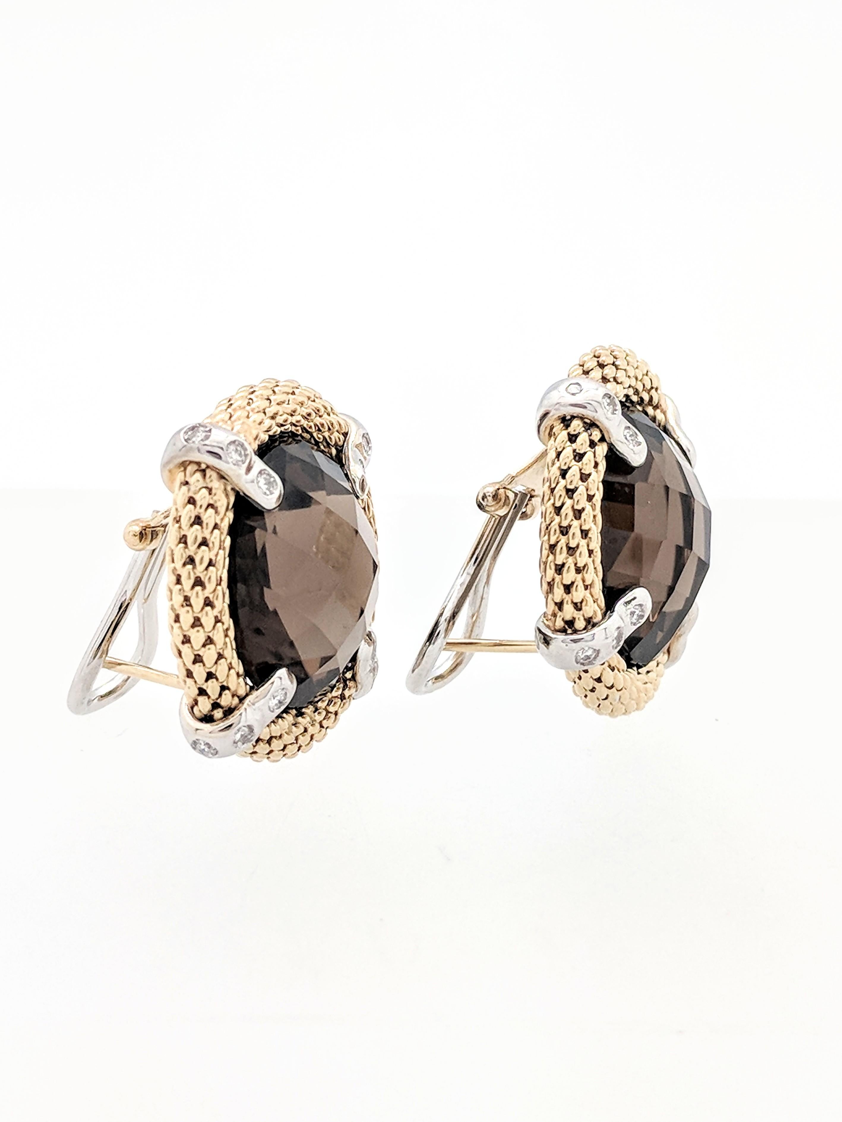 14 Karat Two-Tone Smoky Quartz and Diamond Earrings with Omega Backs In Excellent Condition For Sale In Gainesville, FL