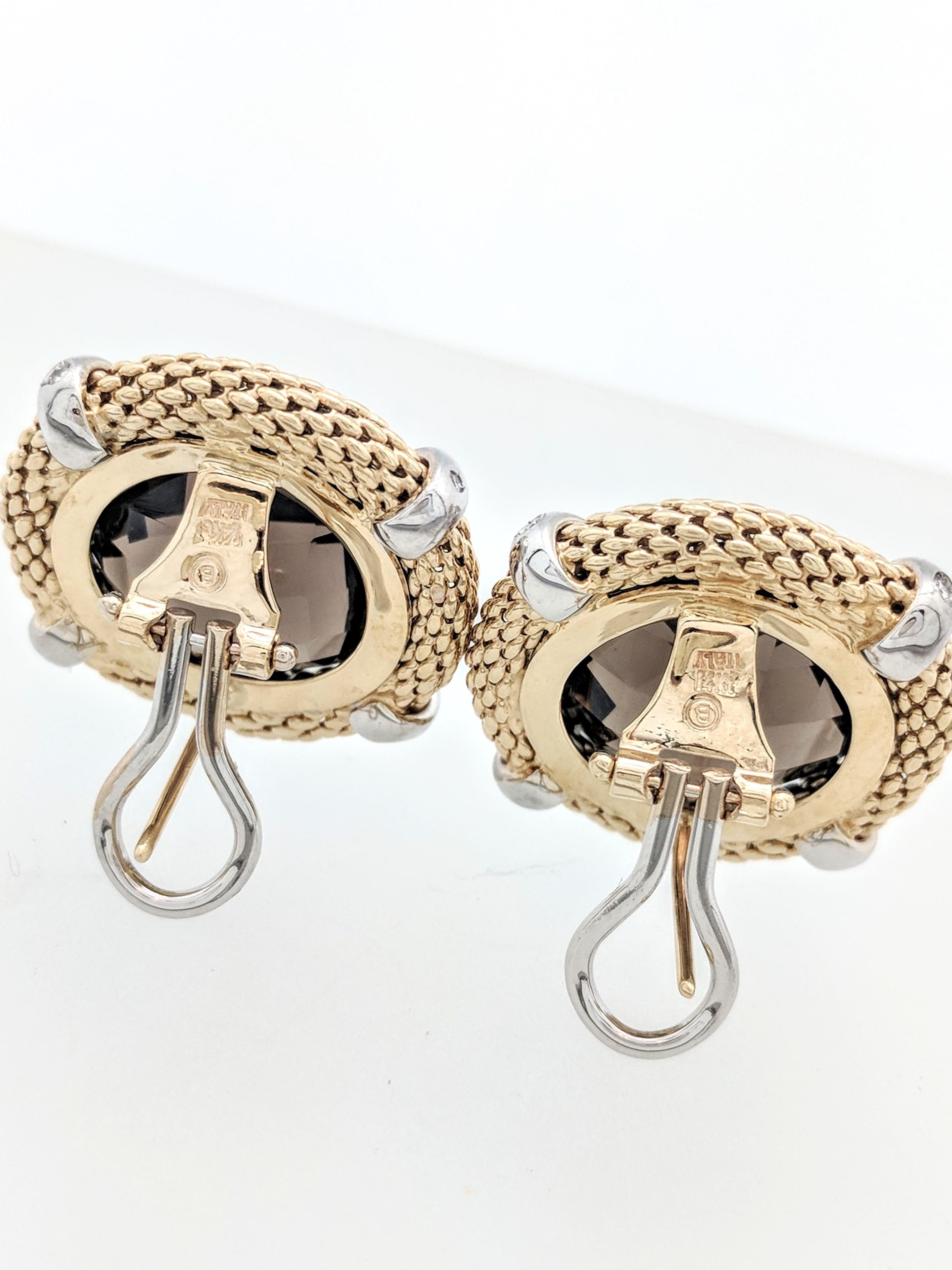 Women's 14 Karat Two-Tone Smoky Quartz and Diamond Earrings with Omega Backs For Sale