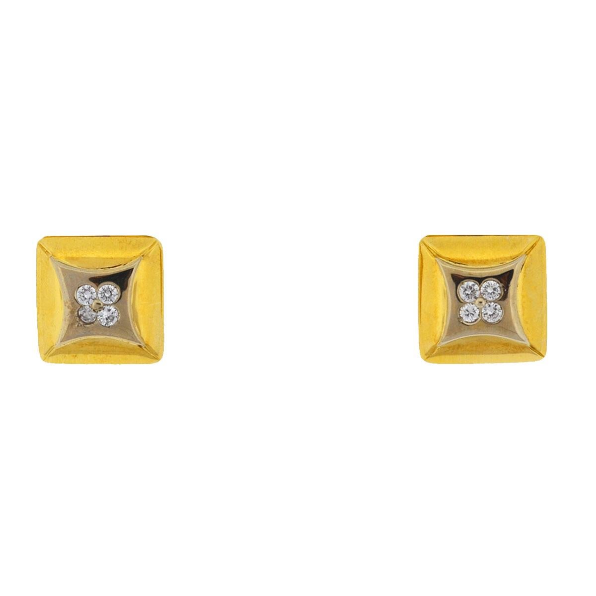 14 Karat Two-Tone Square Four Diamonds Cufflinks Approximate .36 Carat