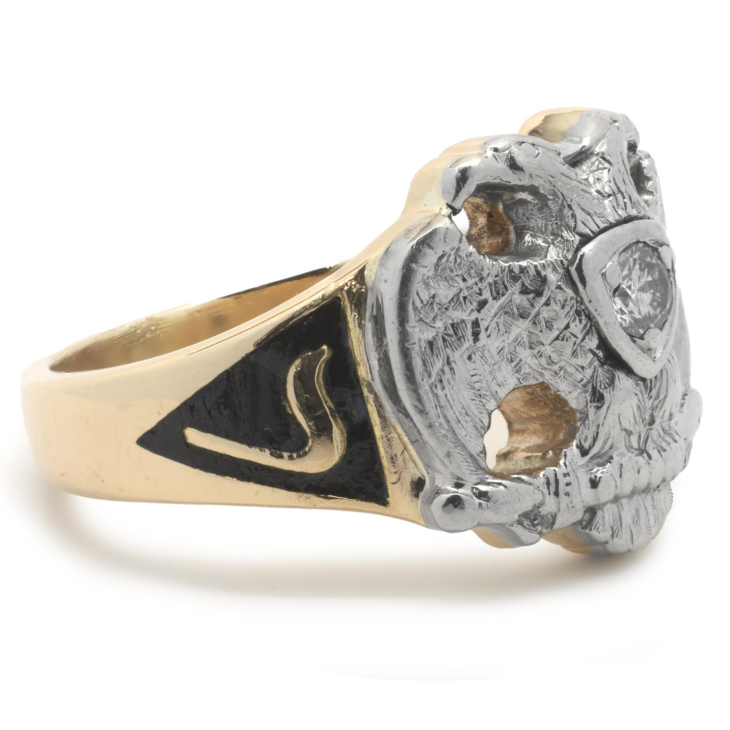 Designer: custom
Material: 14K yellow and white gold
Diamond: 1 round cut = .16cttw
Color: H
Clarity: SI2
Ring size: 8.25 (please allow two additional shipping days for sizing requests)
Weight:  10.99 grams
