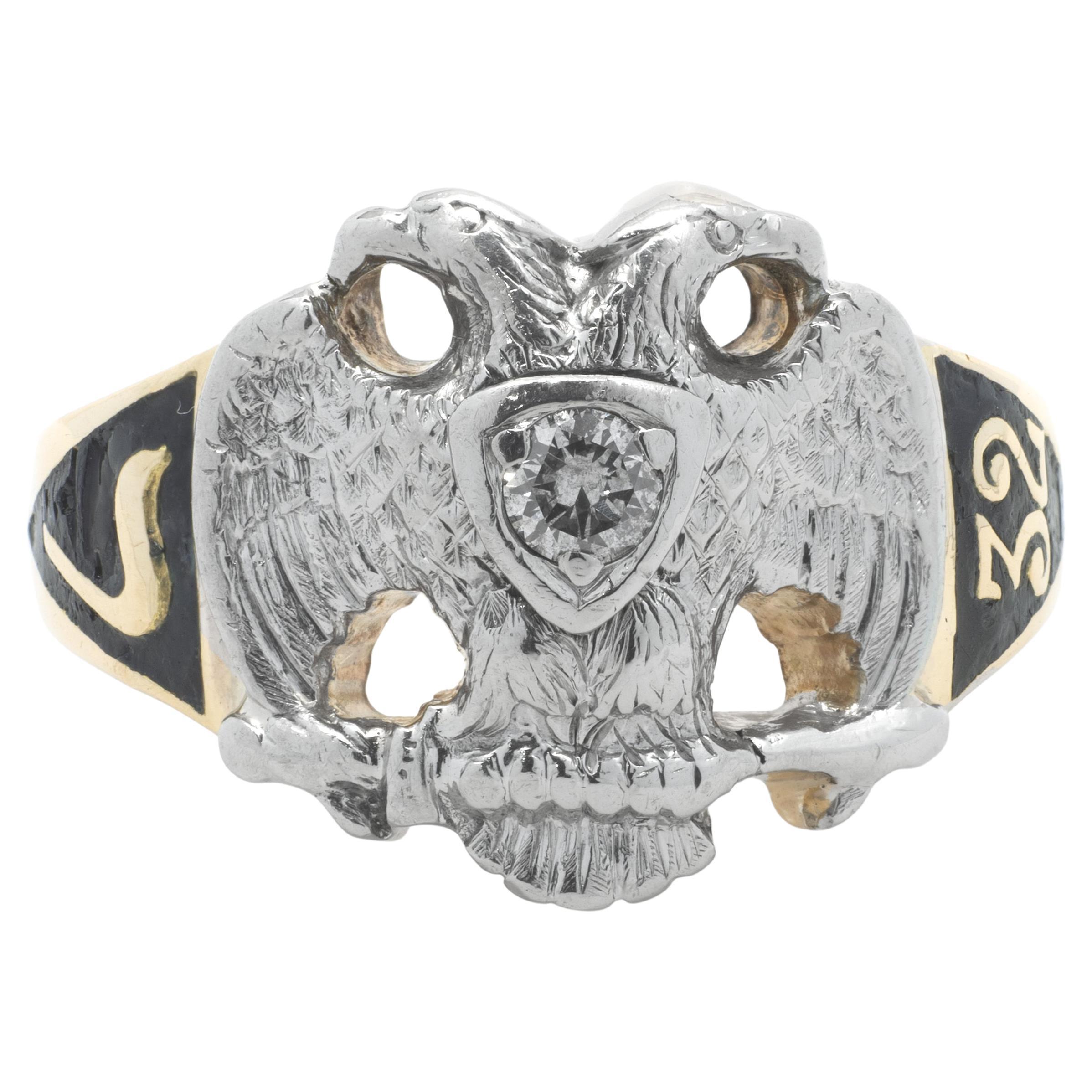 14 Karat zweifarbiger Masonic-Ring, Vintage 1932, Diamant, Vintage