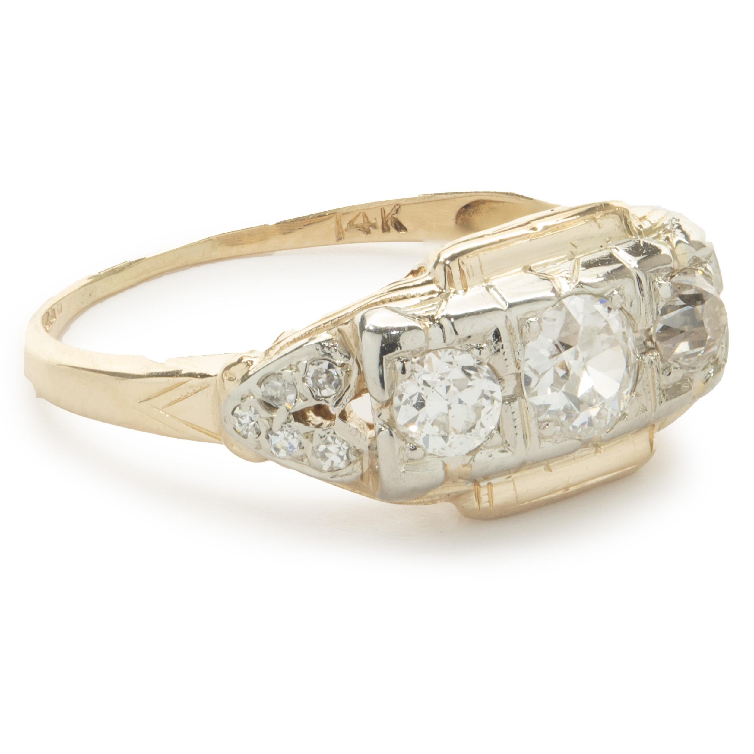 Designer: custom
Material: 14K white & yellow gold
Diamond: 3 old mine cut = 0.58cttw
Color: H
Clarity: SI1-2
Ring size: 6.5 (please allow two additional shipping days for sizing requests)
Weight:  1.80 grams