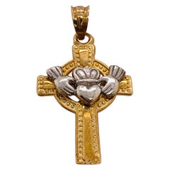 14 Karat Two-Tone White and Yellow Gold Cross / Religious Charm or Pendant