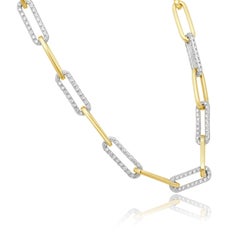 14 Karat Two-Tone White and Yellow Gold Pave Round Diamond Paperclip Link Neckla